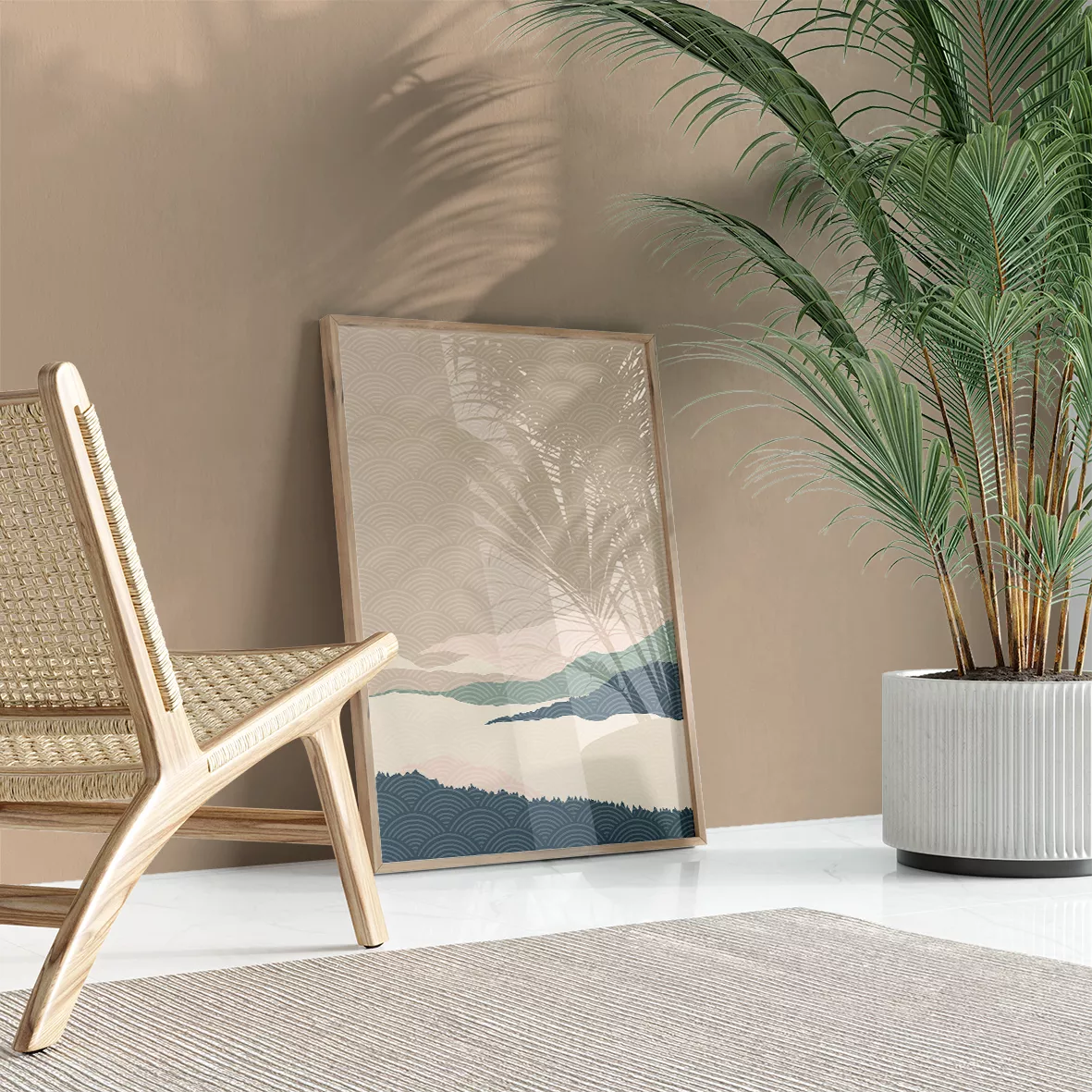 和風山水画の3連アート、青とピンクの山々が重なる抽象的な風景画