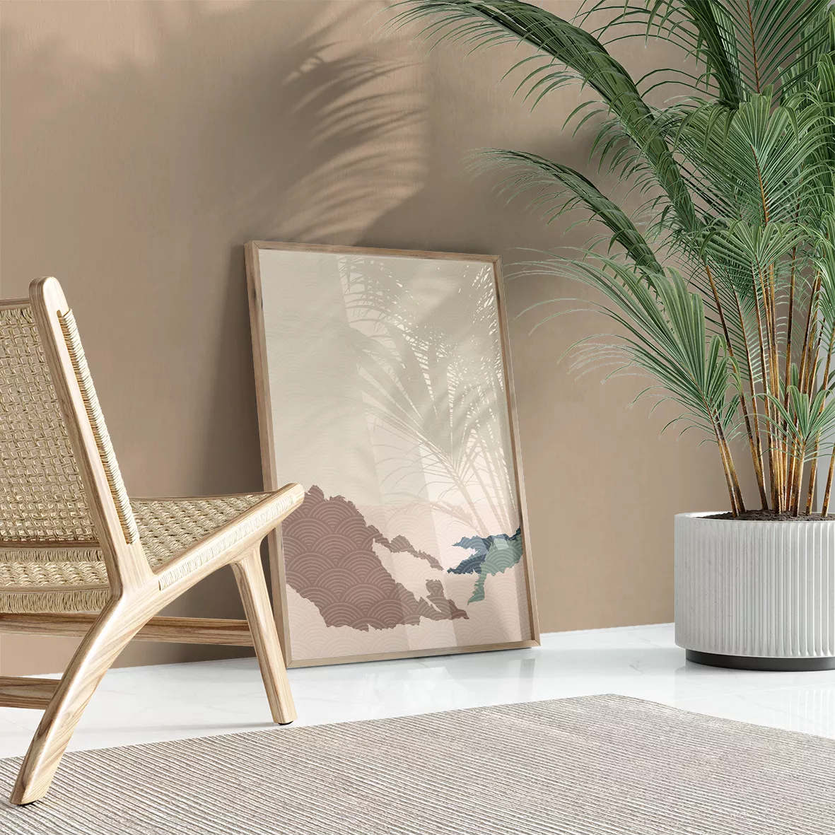 和風山水画の3連アート、青とピンクの山々が重なる抽象的な風景画