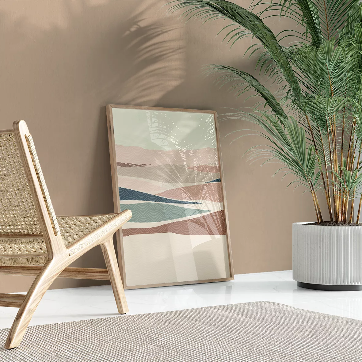 和風山水画の3連アート、青とピンクの山々が重なる抽象的な風景画