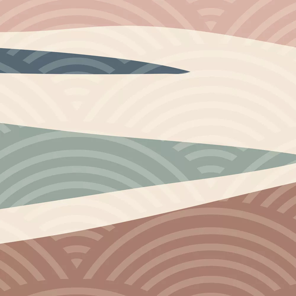 和風山水画の3連アート、青とピンクの山々が重なる抽象的な風景画