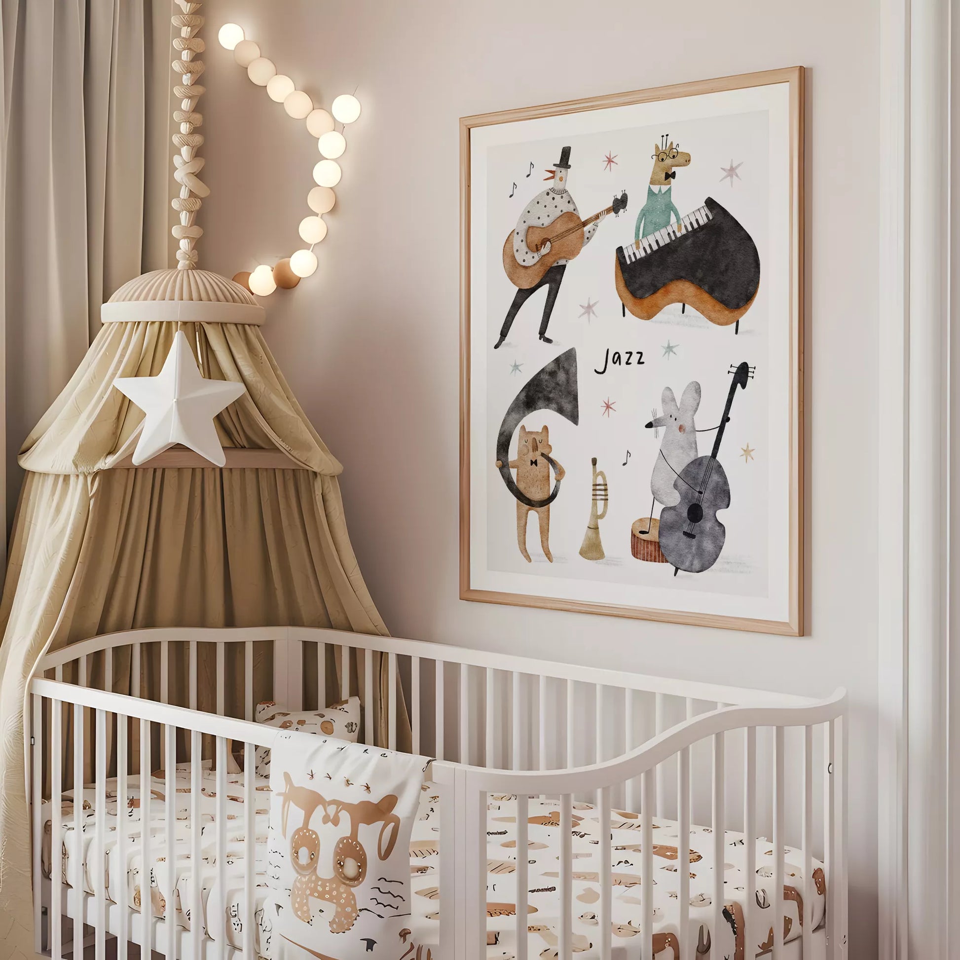 ジャズバンドテーマの動物デザインキッズアートポスター 子供部屋用