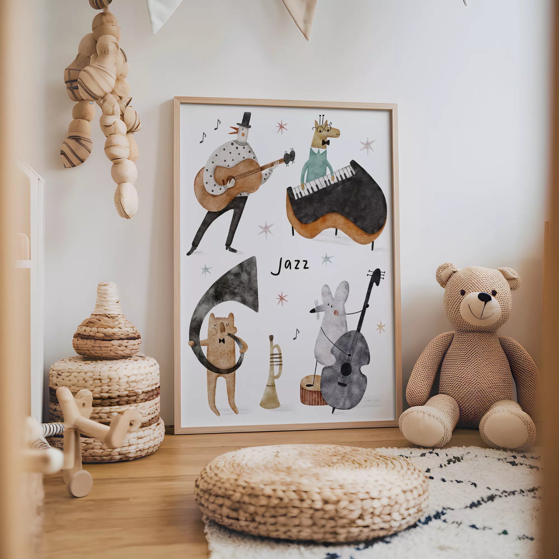 ジャズバンドテーマの動物デザインキッズアートポスター 子供部屋用