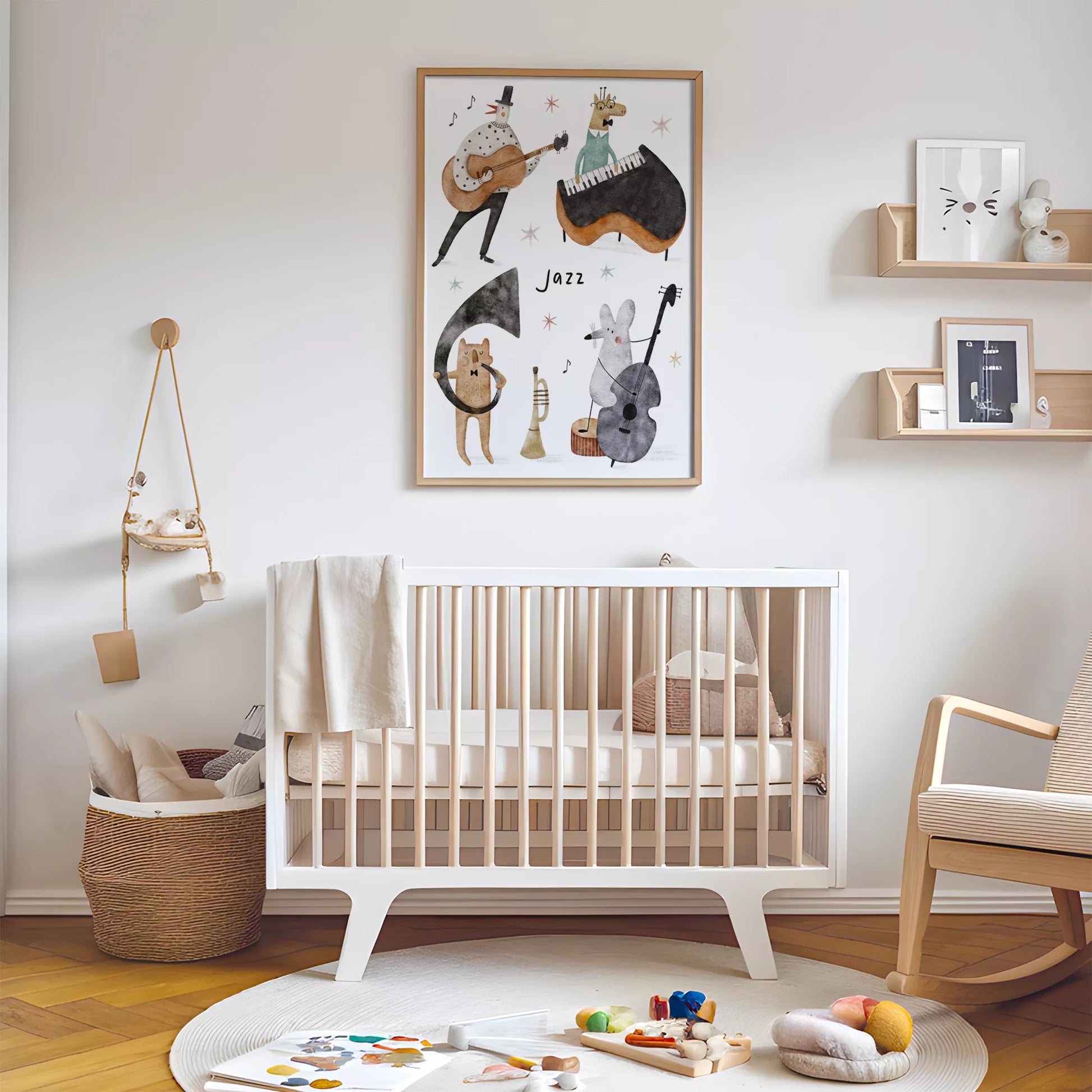ジャズバンドテーマの動物デザインキッズアートポスター 子供部屋用