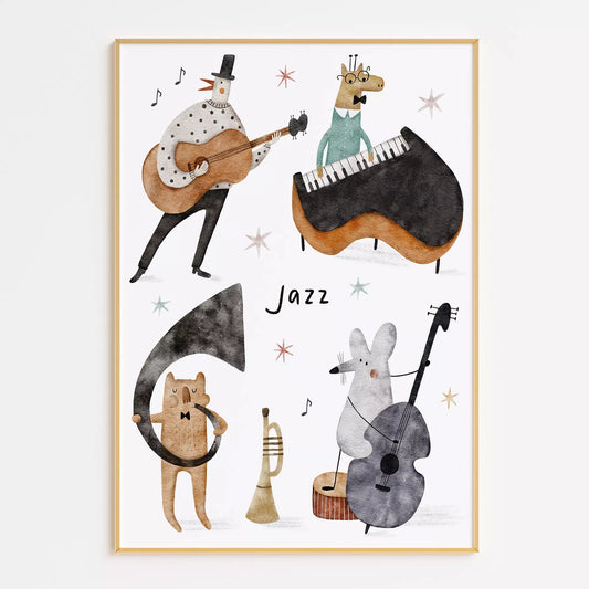 ジャズバンドテーマの動物デザインキッズアートポスター 子供部屋用