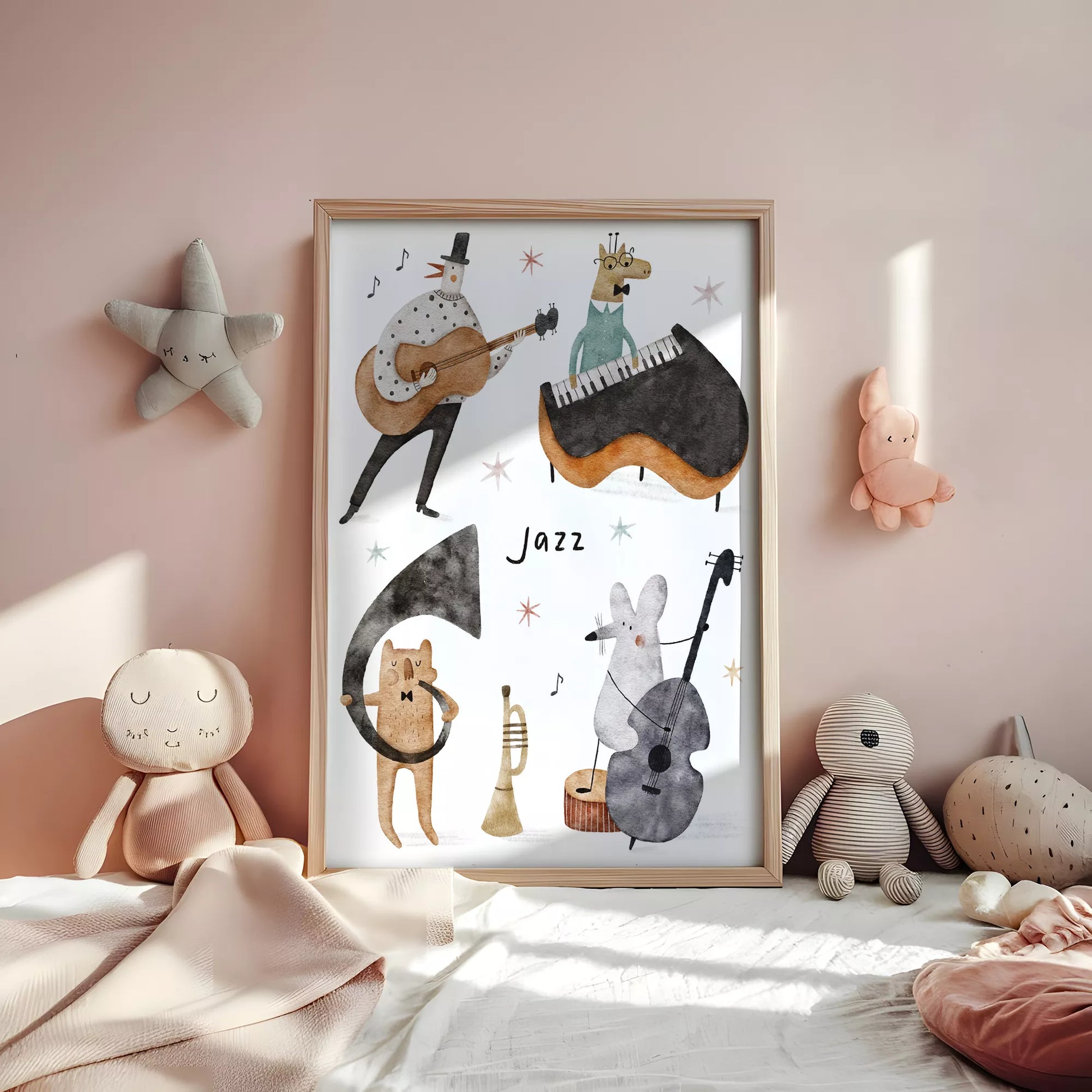ジャズバンドテーマの動物デザインキッズアートポスター 子供部屋用