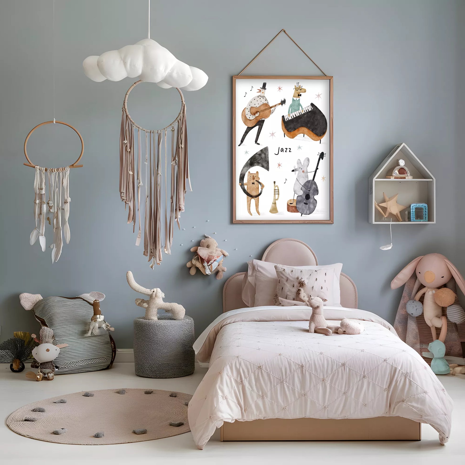 ジャズバンドテーマの動物デザインキッズアートポスター 子供部屋用