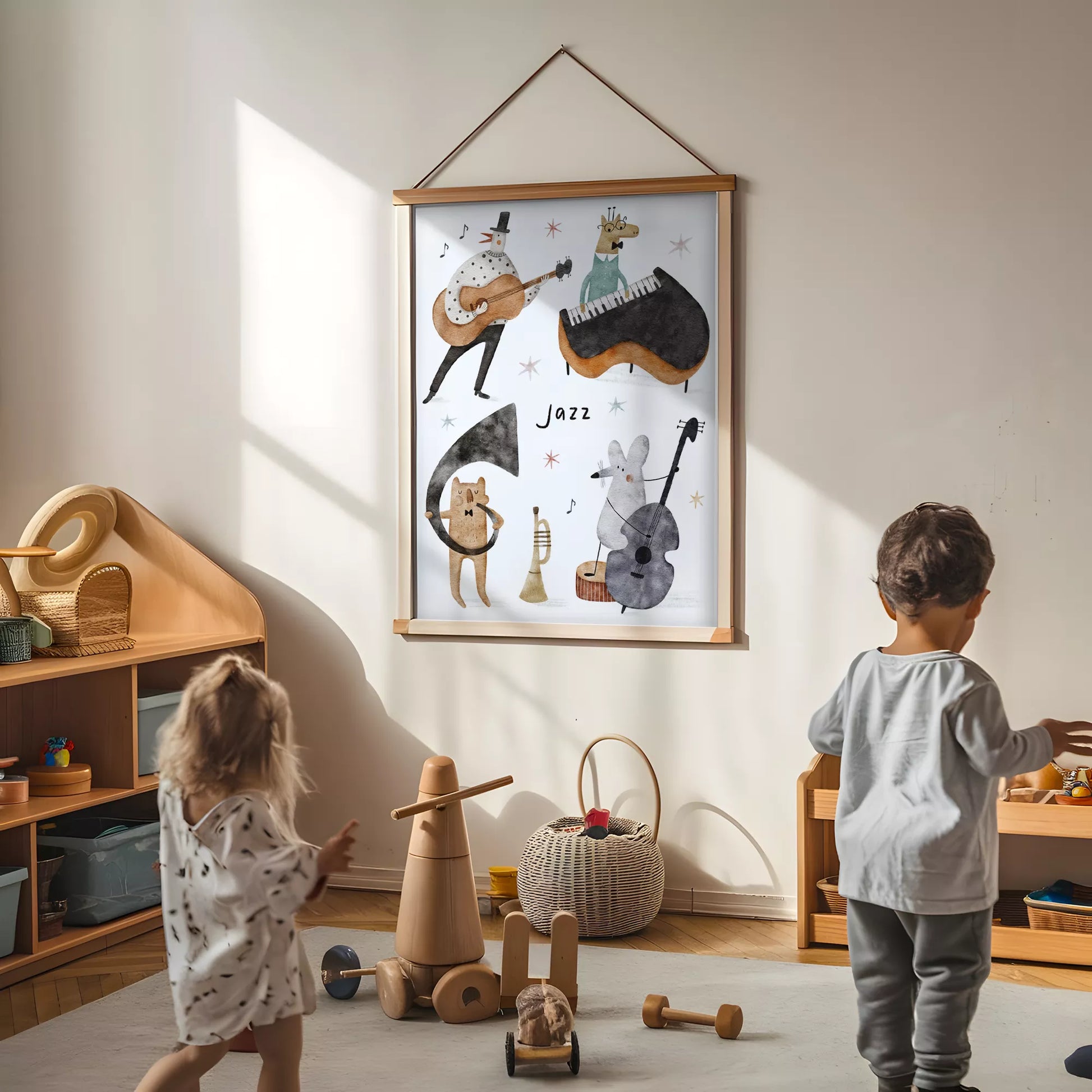 ジャズバンドテーマの動物デザインキッズアートポスター 子供部屋用