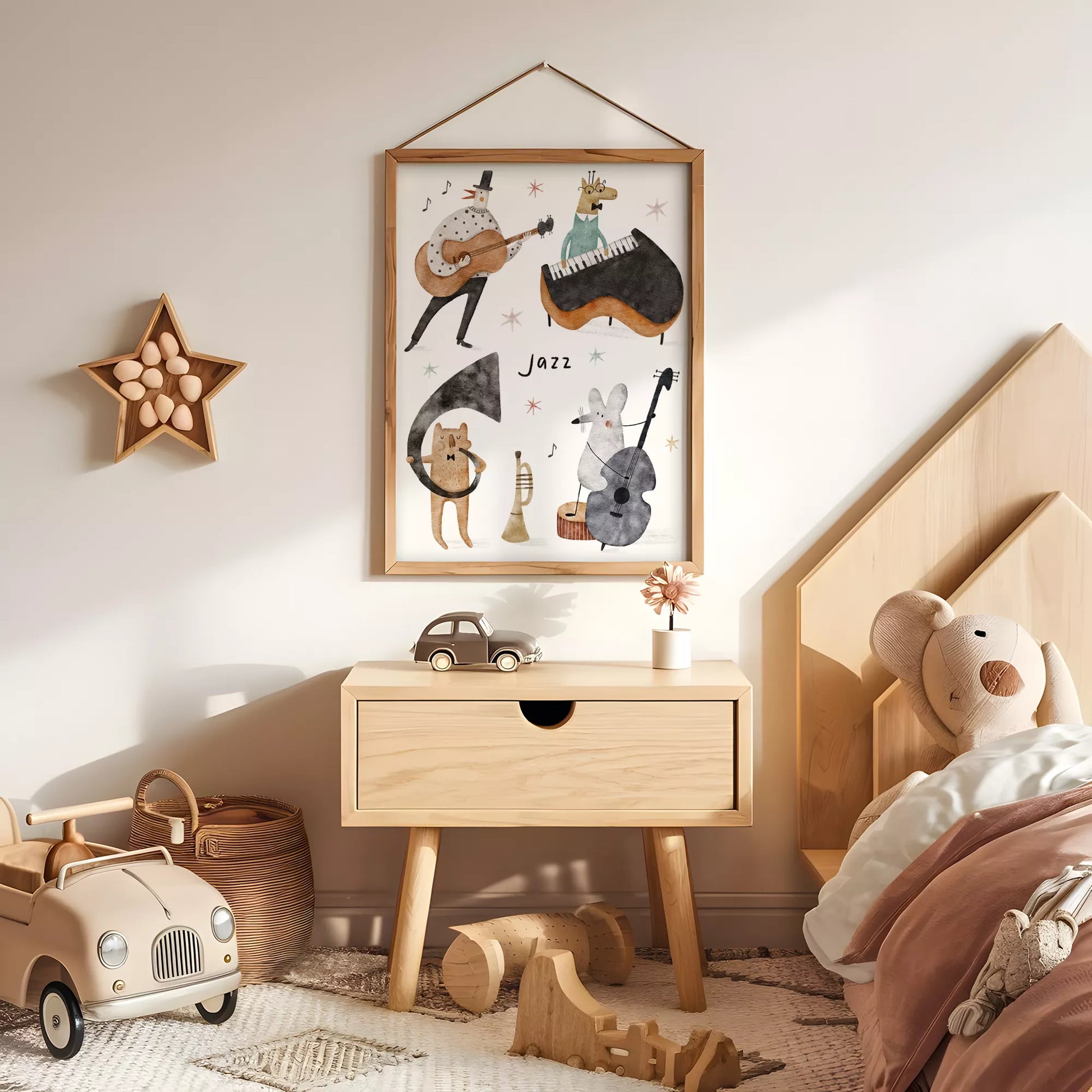 ジャズバンドテーマの動物デザインキッズアートポスター 子供部屋用