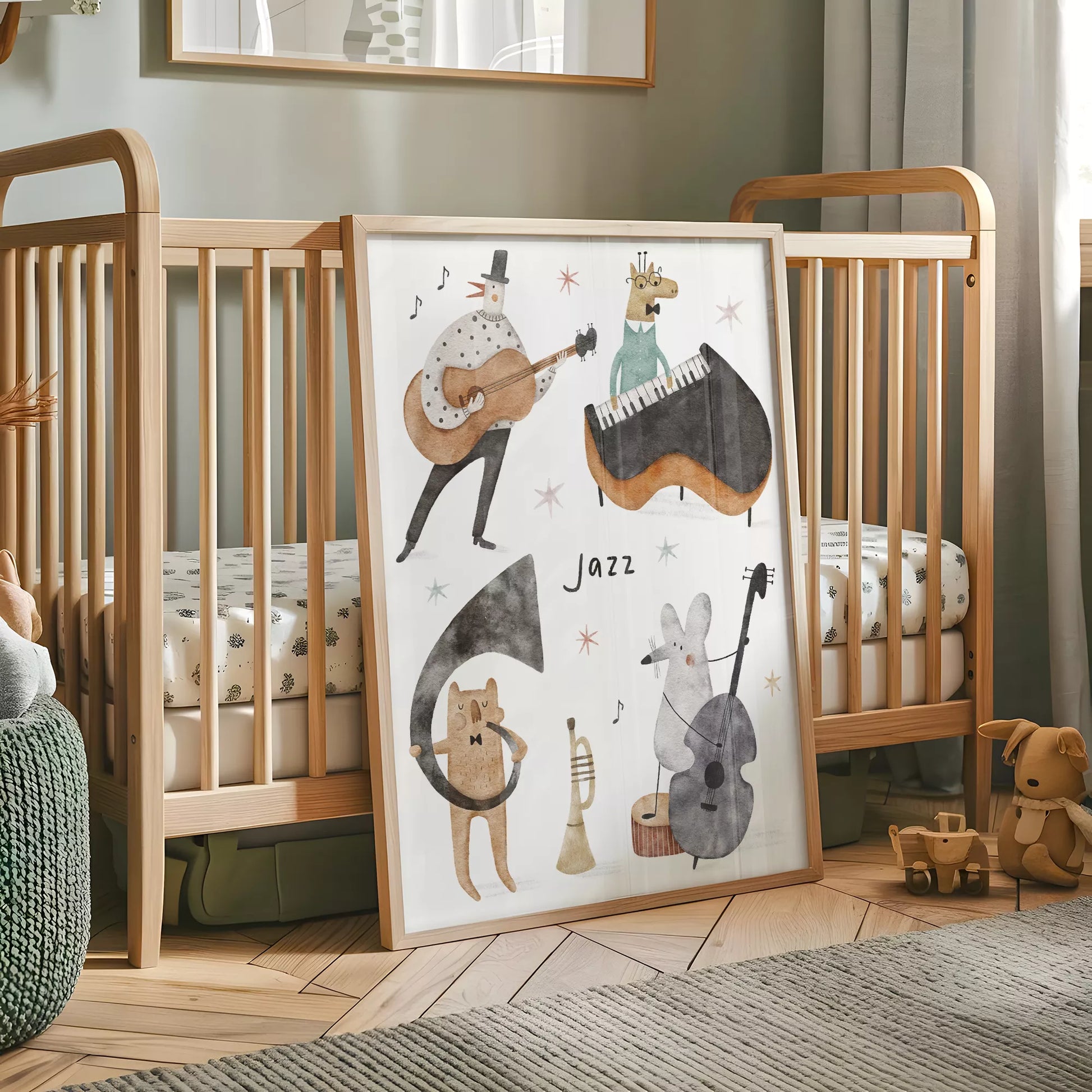 ジャズバンドテーマの動物デザインキッズアートポスター 子供部屋用