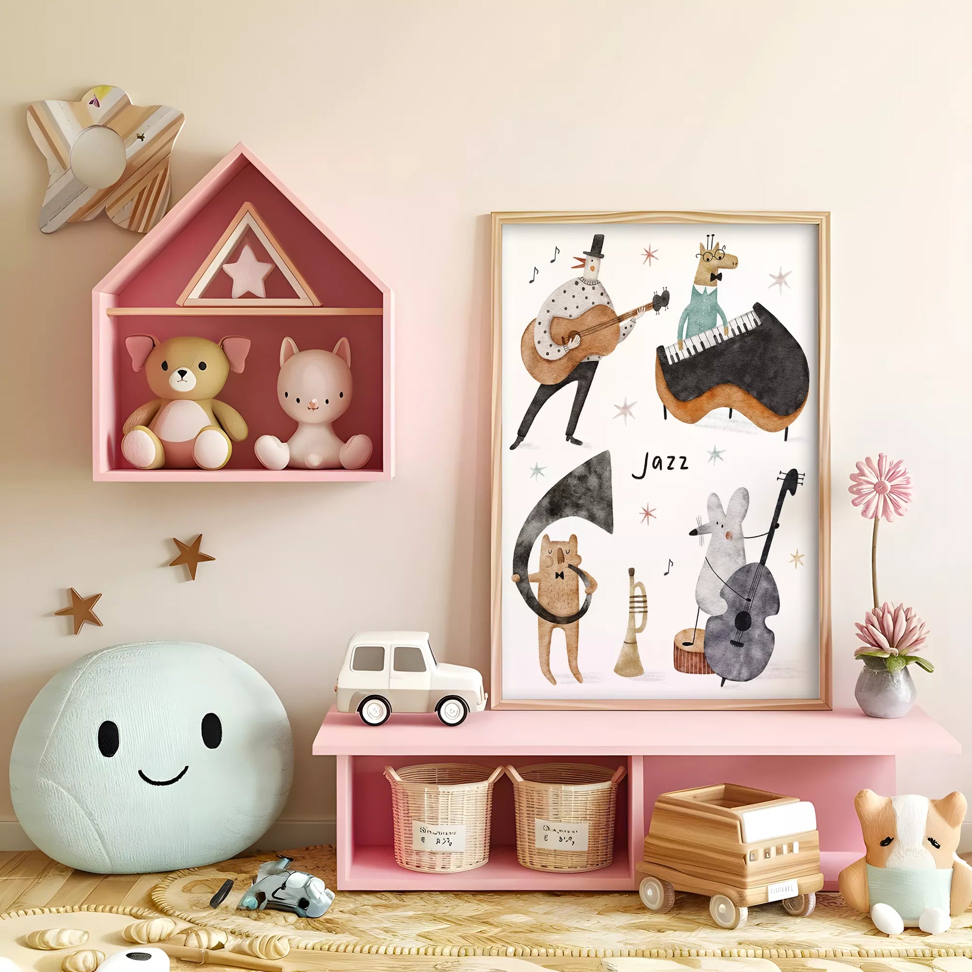 ジャズバンドテーマの動物デザインキッズアートポスター 子供部屋用