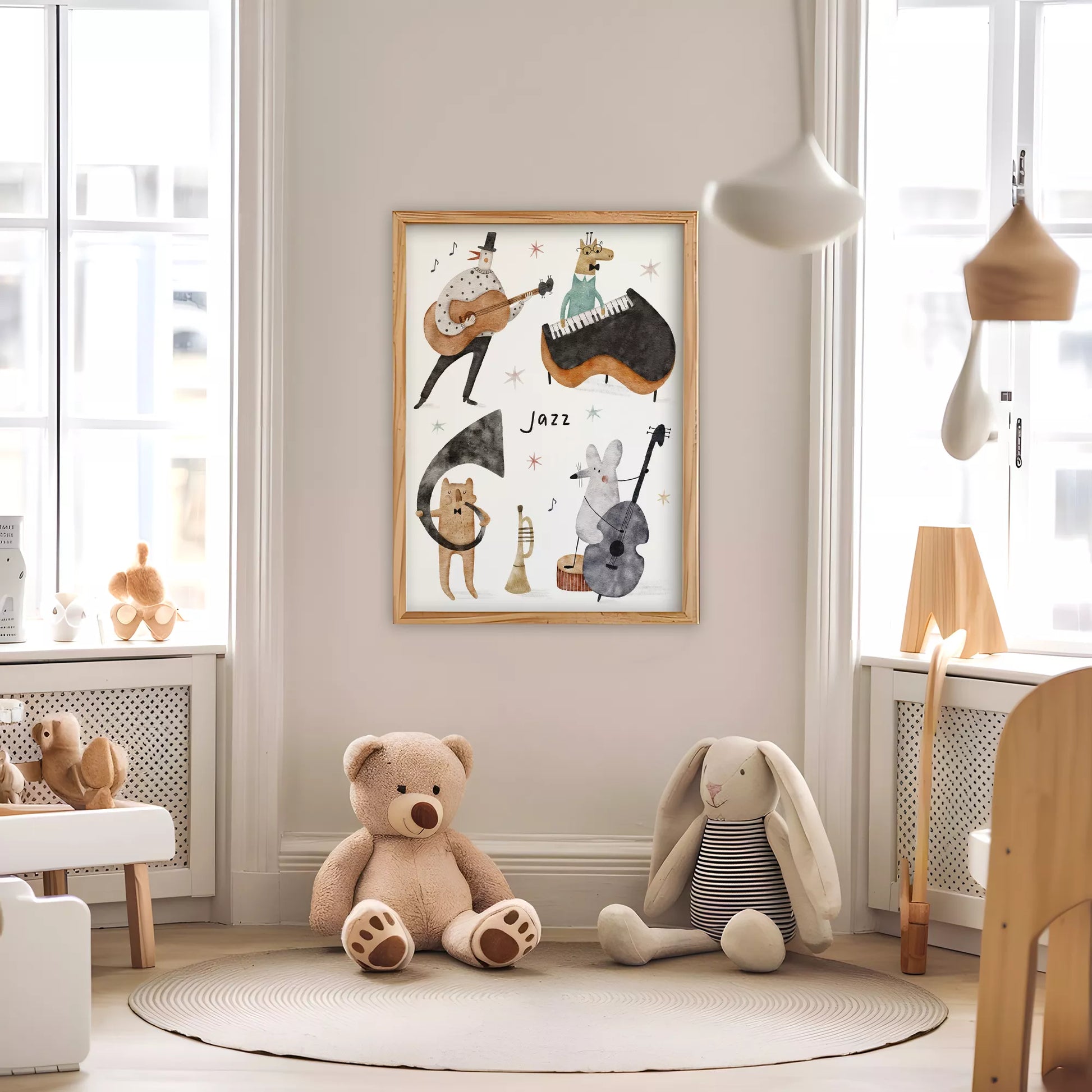 ジャズバンドテーマの動物デザインキッズアートポスター 子供部屋用