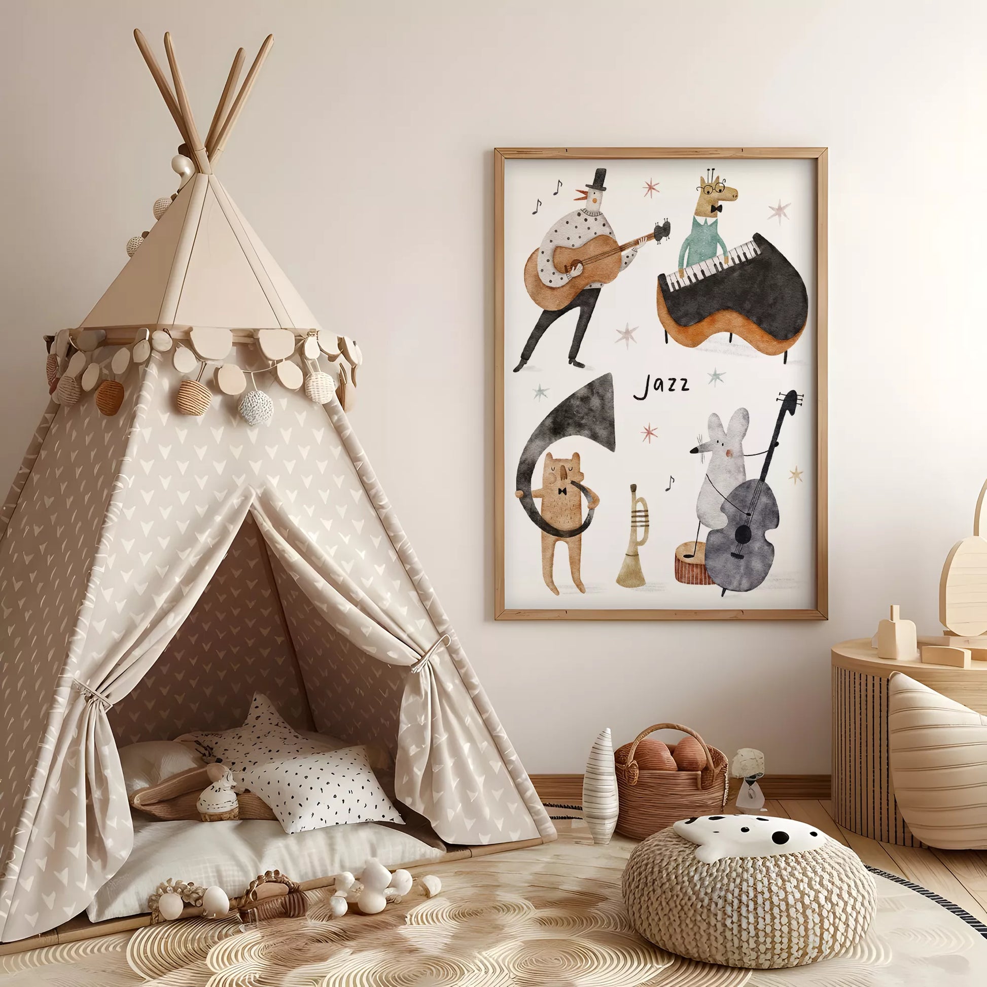 ジャズバンドテーマの動物デザインキッズアートポスター 子供部屋用