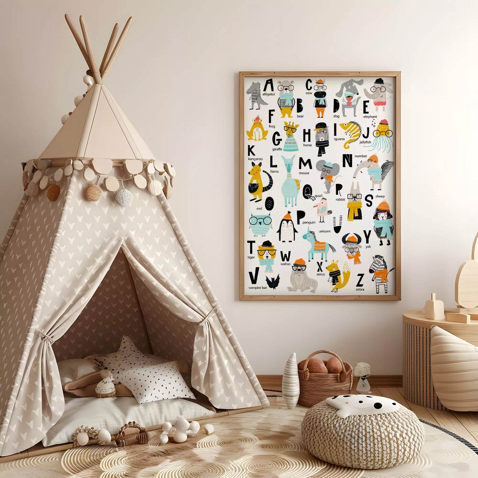 キッズ向けアルファベット動物の教育的アートポスター