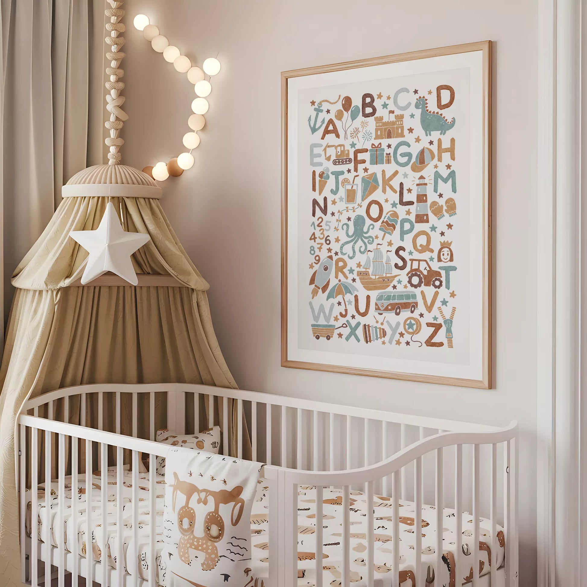 子供向け北欧スタイルのアルファベット動物乗り物アートポスター、教育的で楽しい壁掛け装飾