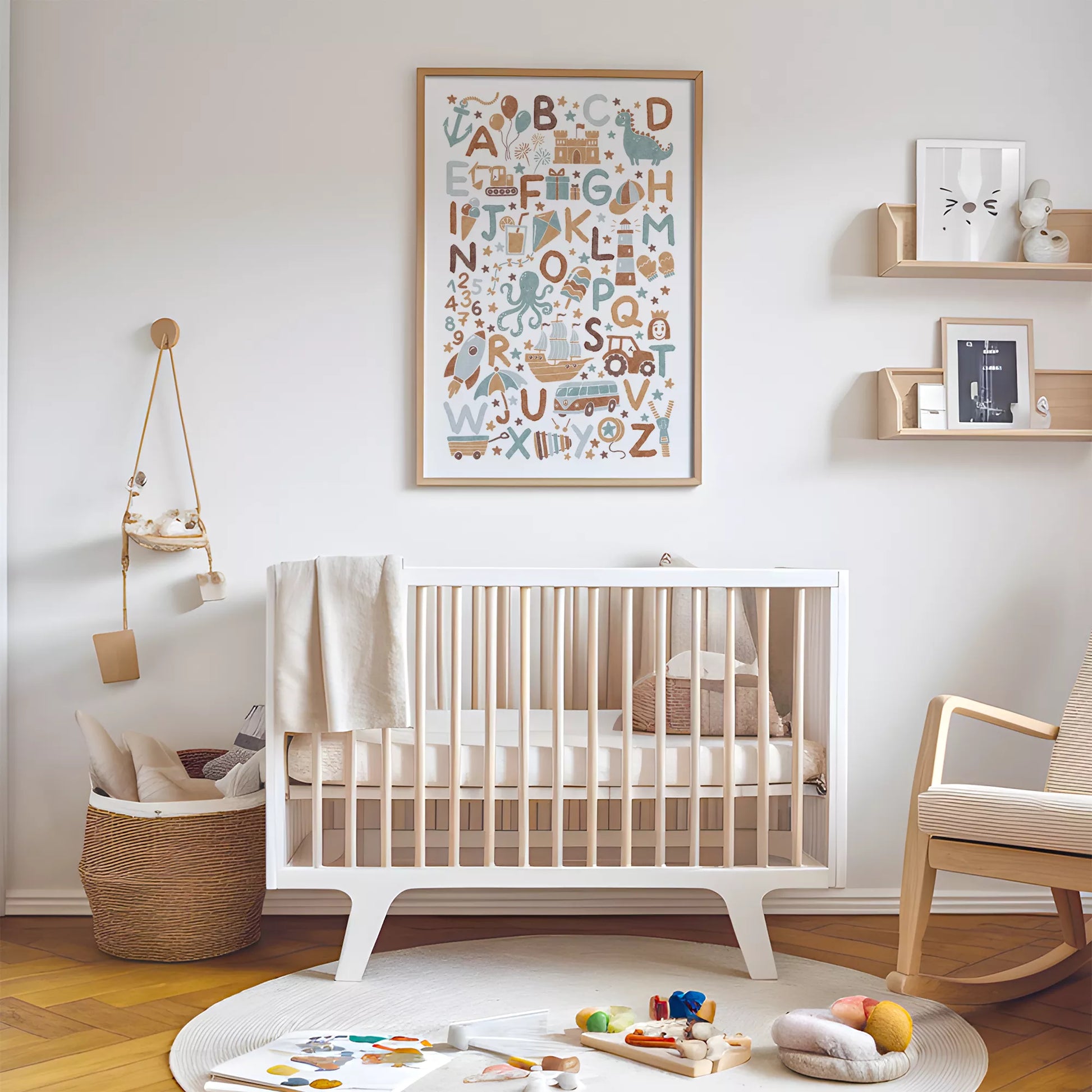 子供向け北欧スタイルのアルファベット動物乗り物アートポスター、教育的で楽しい壁掛け装飾