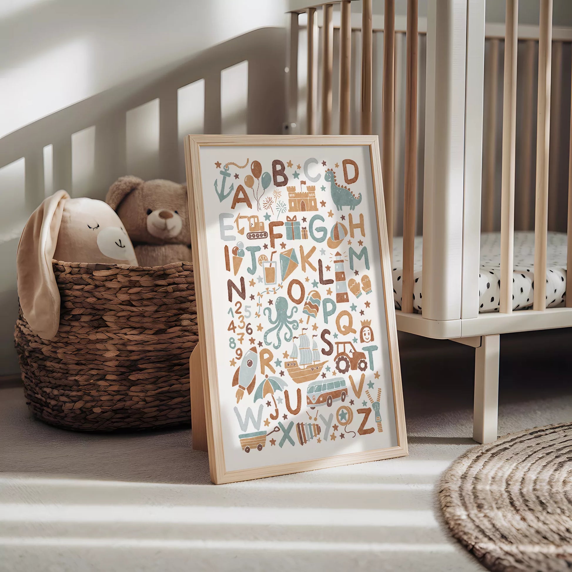 子供向け北欧スタイルのアルファベット動物乗り物アートポスター、教育的で楽しい壁掛け装飾