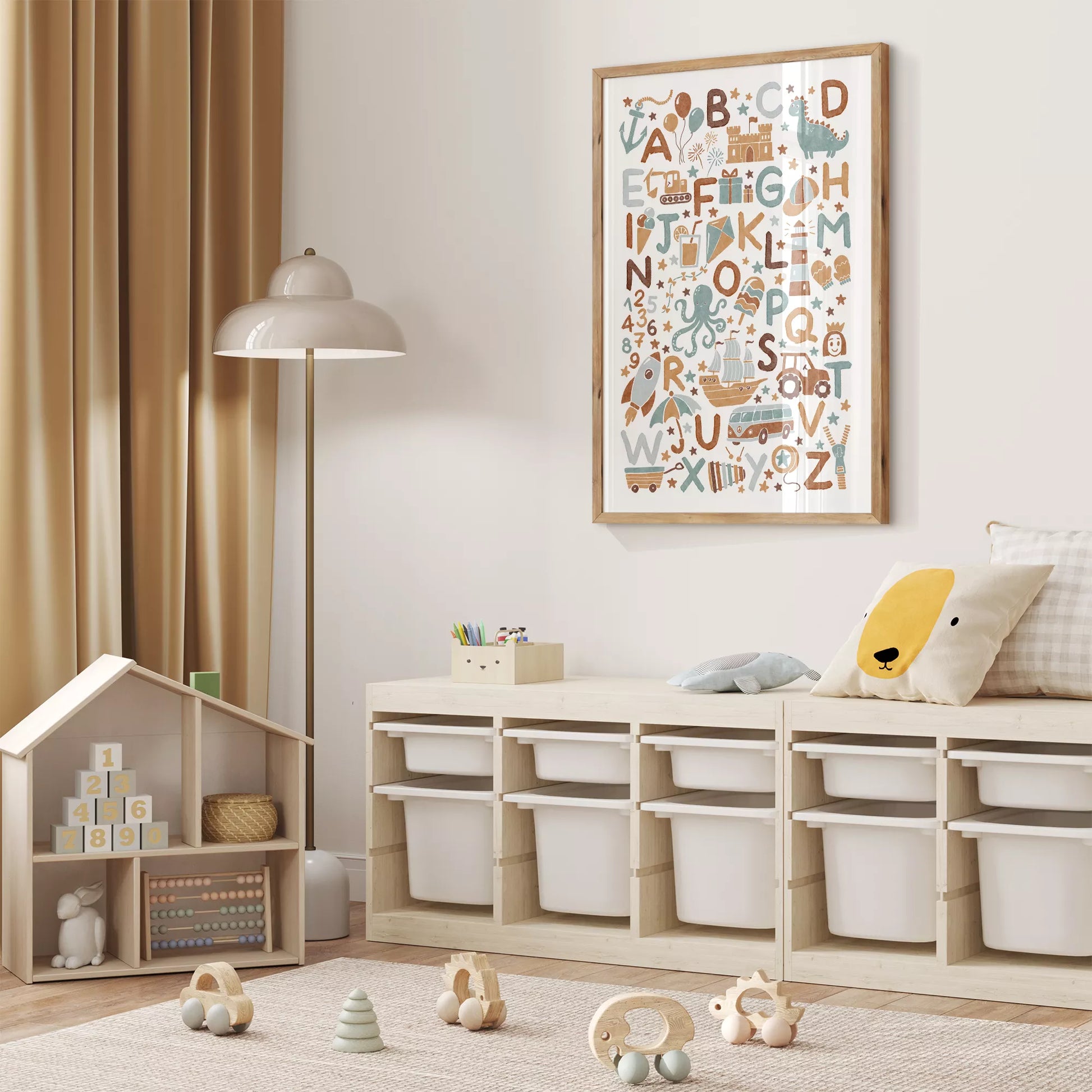 子供向け北欧スタイルのアルファベット動物乗り物アートポスター、教育的で楽しい壁掛け装飾