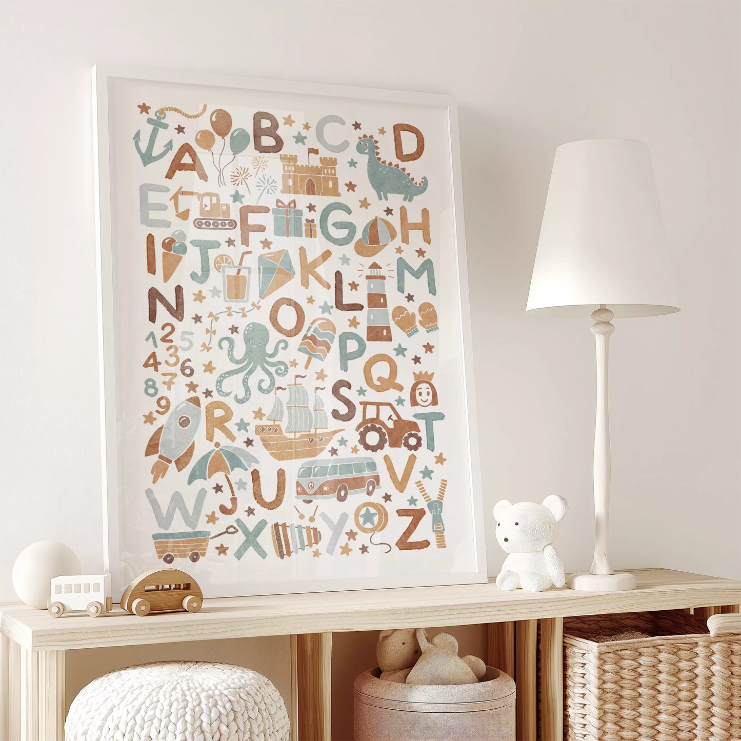 子供向け北欧スタイルのアルファベット動物乗り物アートポスター、教育的で楽しい壁掛け装飾