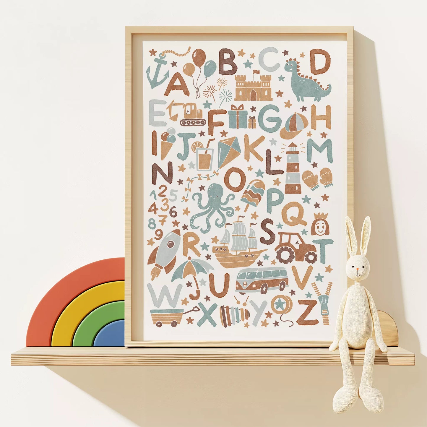 子供向け北欧スタイルのアルファベット動物乗り物アートポスター、教育的で楽しい壁掛け装飾