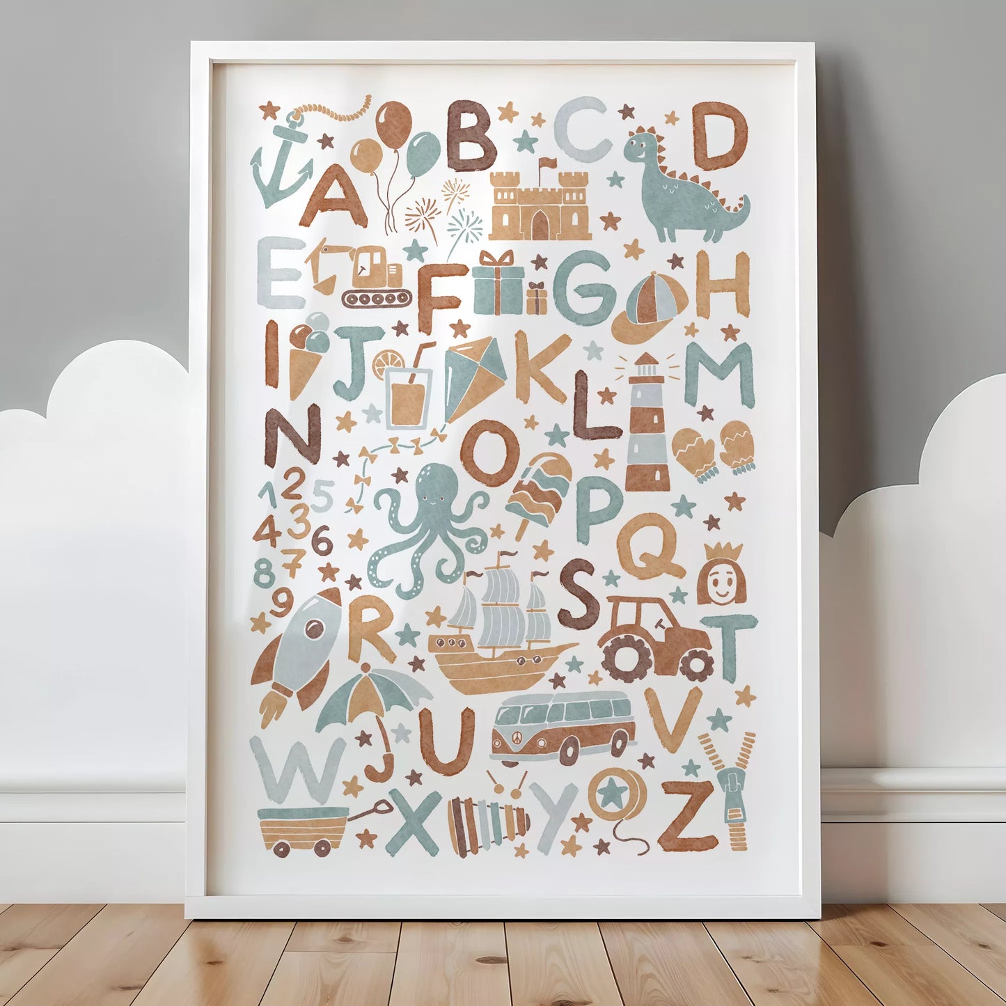子供向け北欧スタイルのアルファベット動物乗り物アートポスター、教育的で楽しい壁掛け装飾