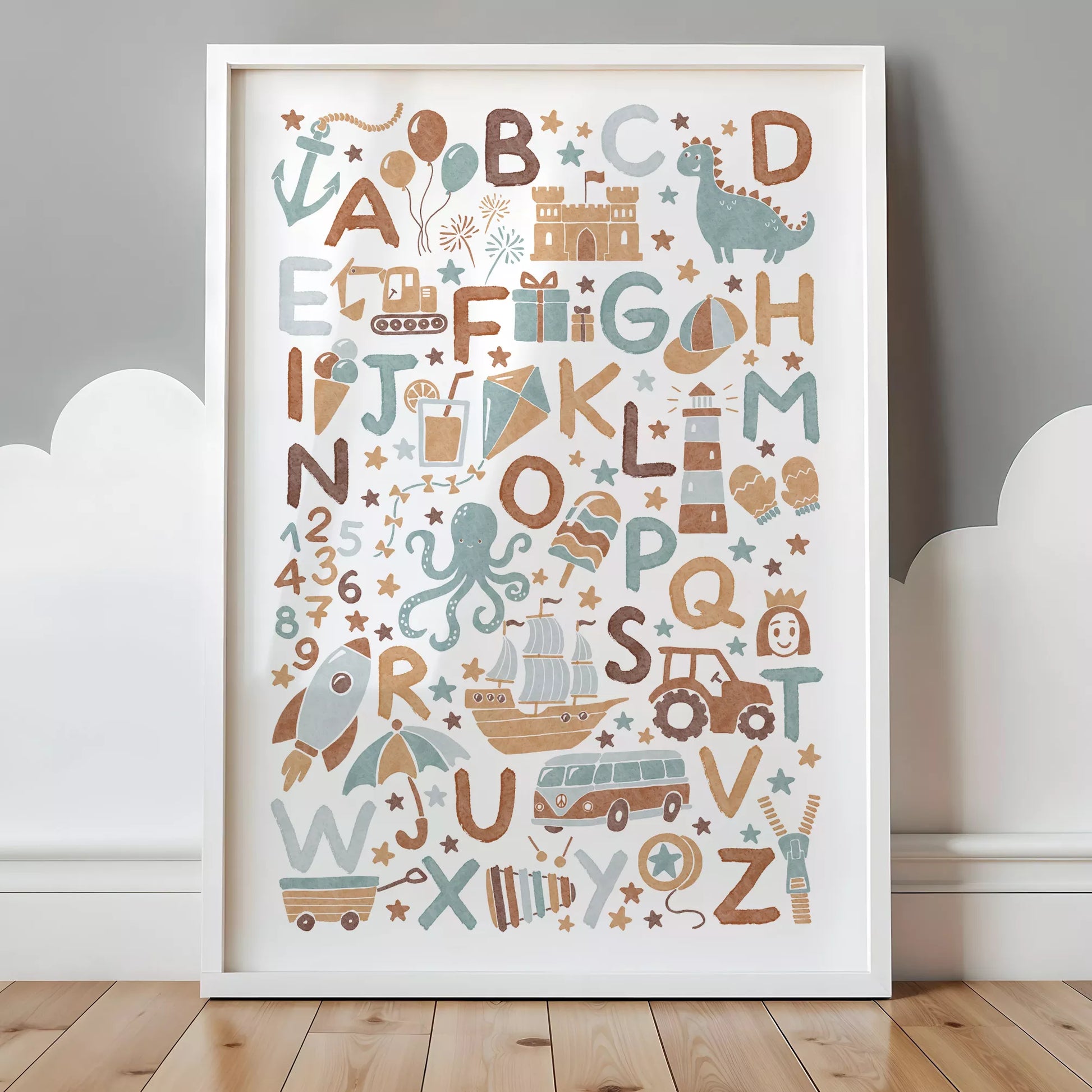 子供向け北欧スタイルのアルファベット動物乗り物アートポスター、教育的で楽しい壁掛け装飾