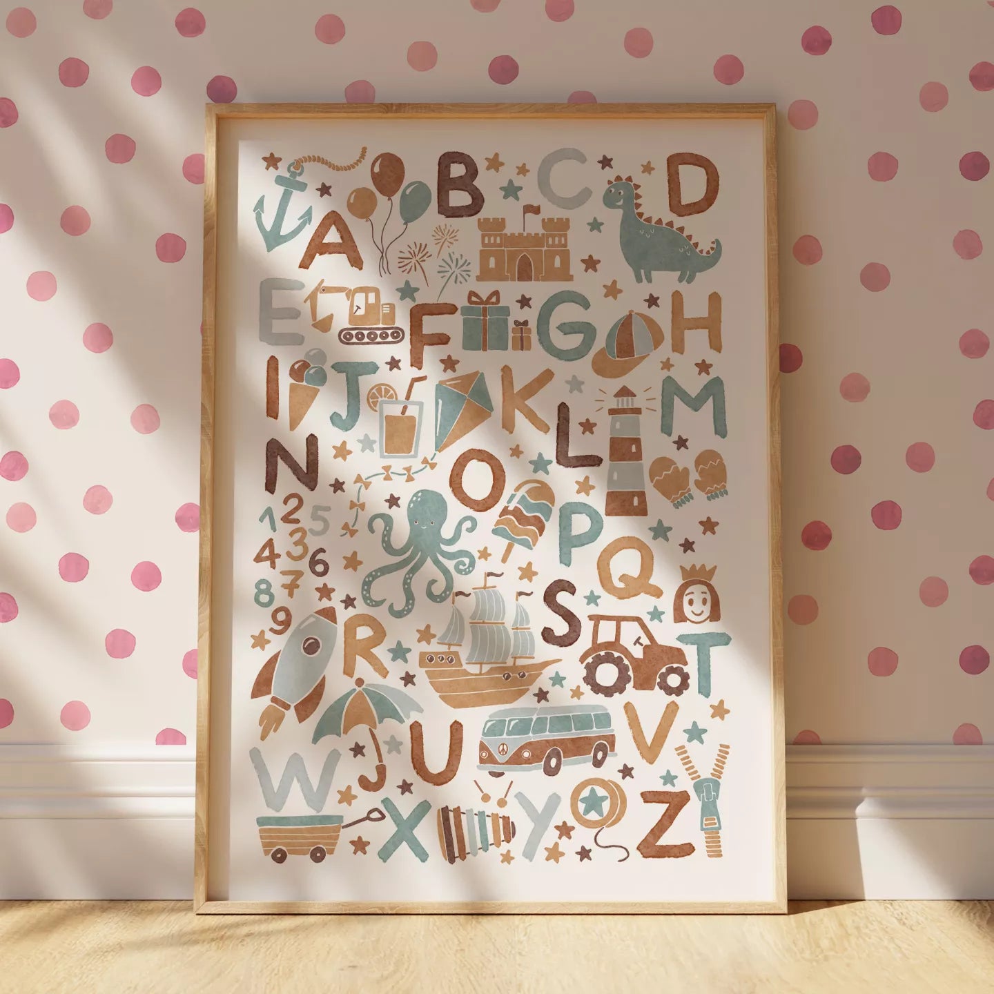 子供向け北欧スタイルのアルファベット動物乗り物アートポスター、教育的で楽しい壁掛け装飾