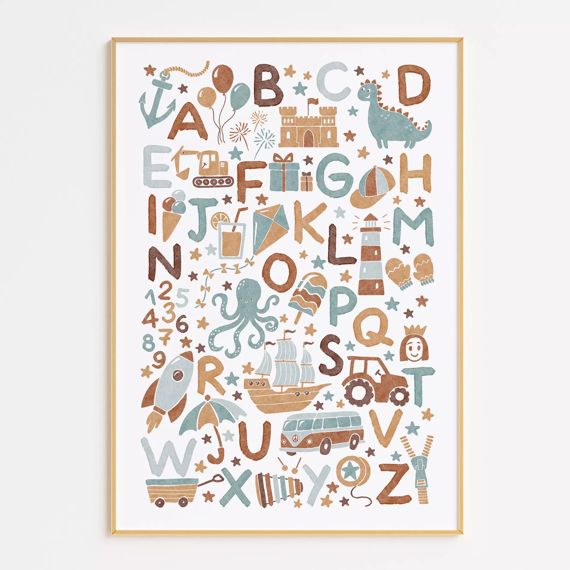 子供向け北欧スタイルのアルファベット動物乗り物アートポスター、教育的で楽しい壁掛け装飾