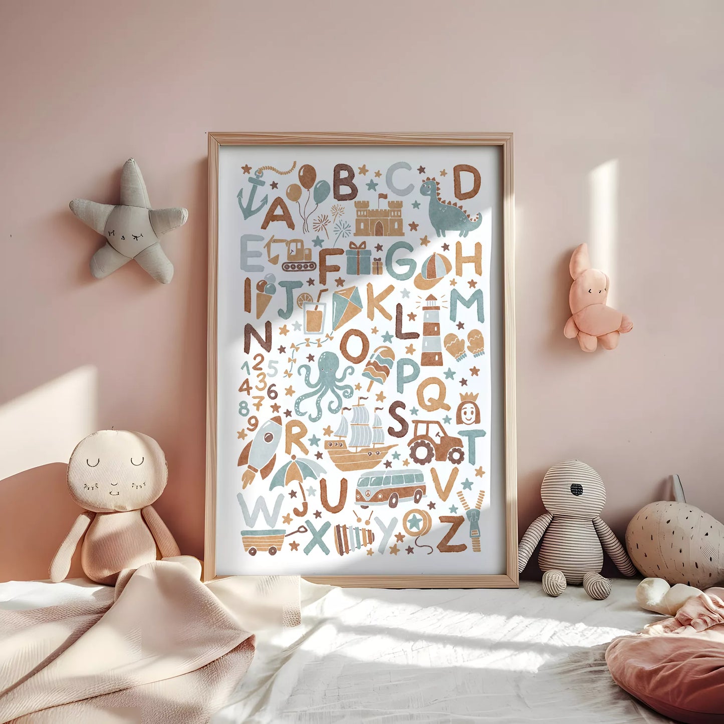 子供向け北欧スタイルのアルファベット動物乗り物アートポスター、教育的で楽しい壁掛け装飾