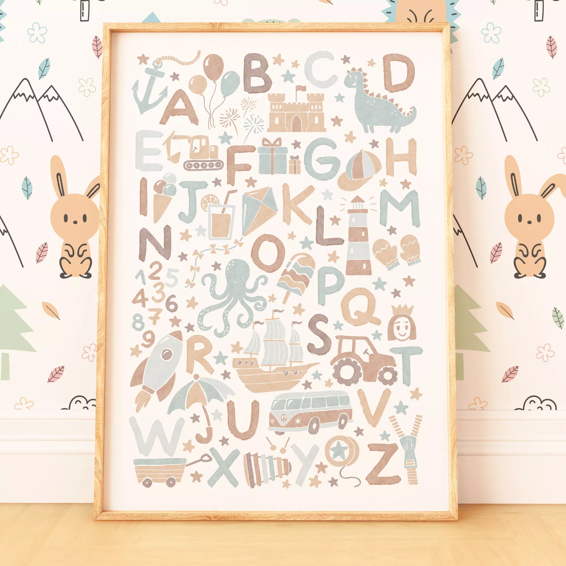 子供向け北欧スタイルのアルファベット動物乗り物アートポスター、教育的で楽しい壁掛け装飾