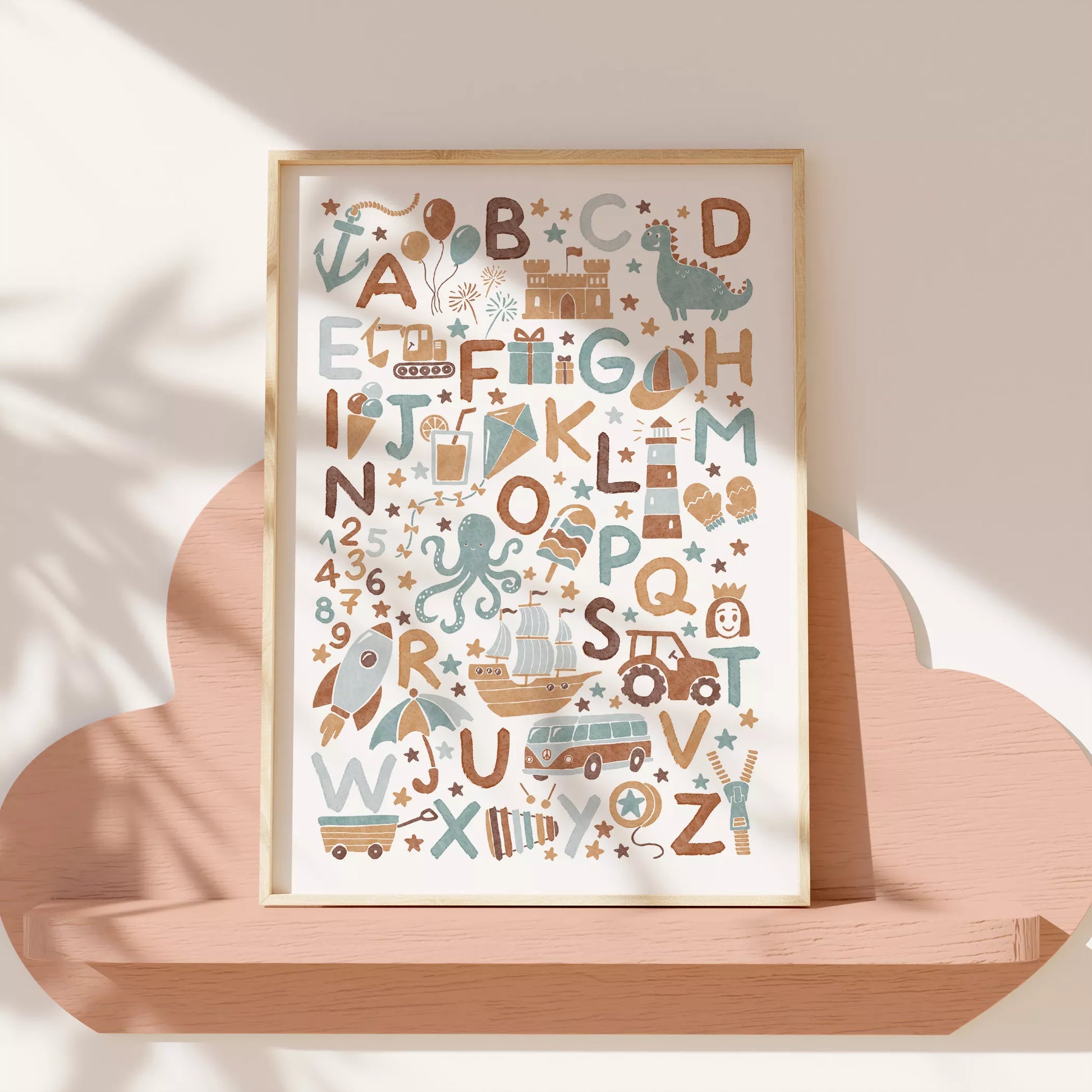 子供向け北欧スタイルのアルファベット動物乗り物アートポスター、教育的で楽しい壁掛け装飾