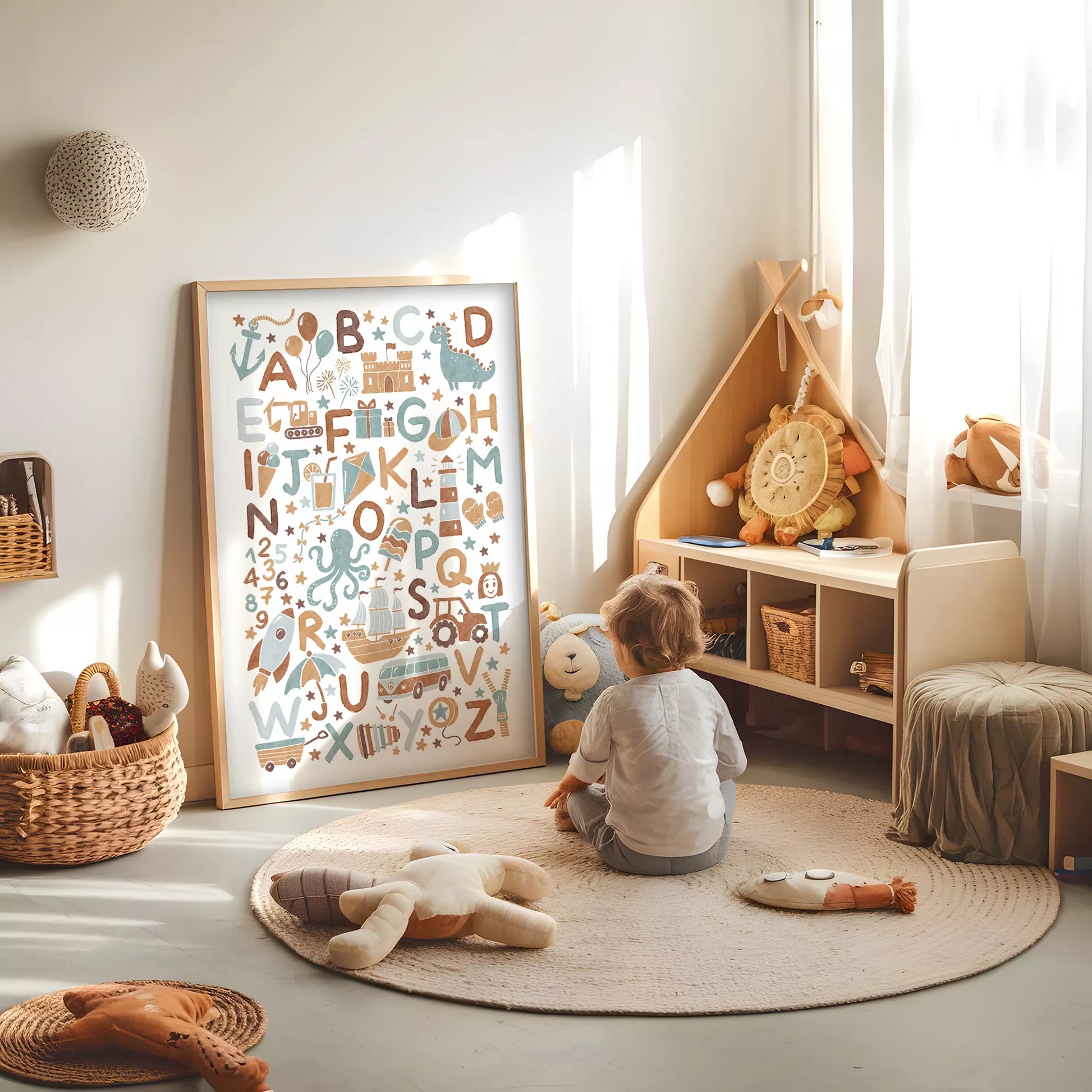 子供向け北欧スタイルのアルファベット動物乗り物アートポスター、教育的で楽しい壁掛け装飾