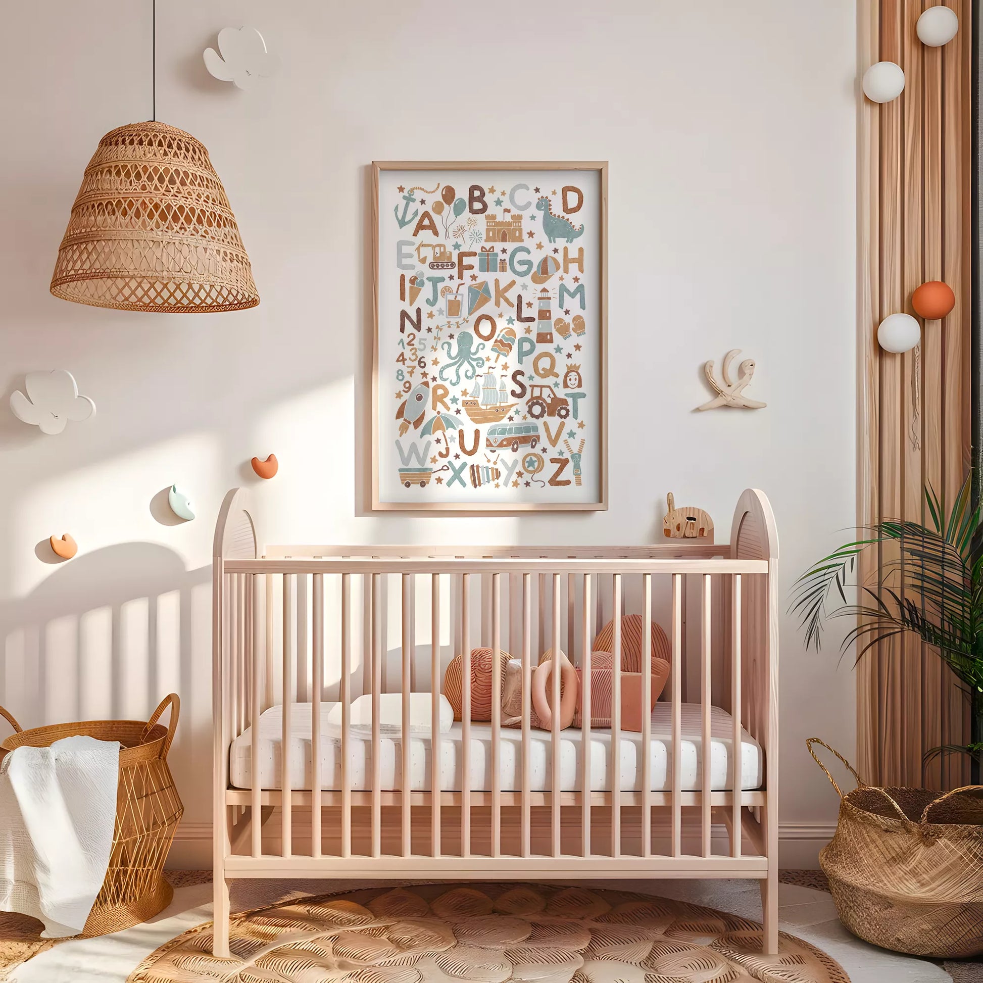 子供向け北欧スタイルのアルファベット動物乗り物アートポスター、教育的で楽しい壁掛け装飾