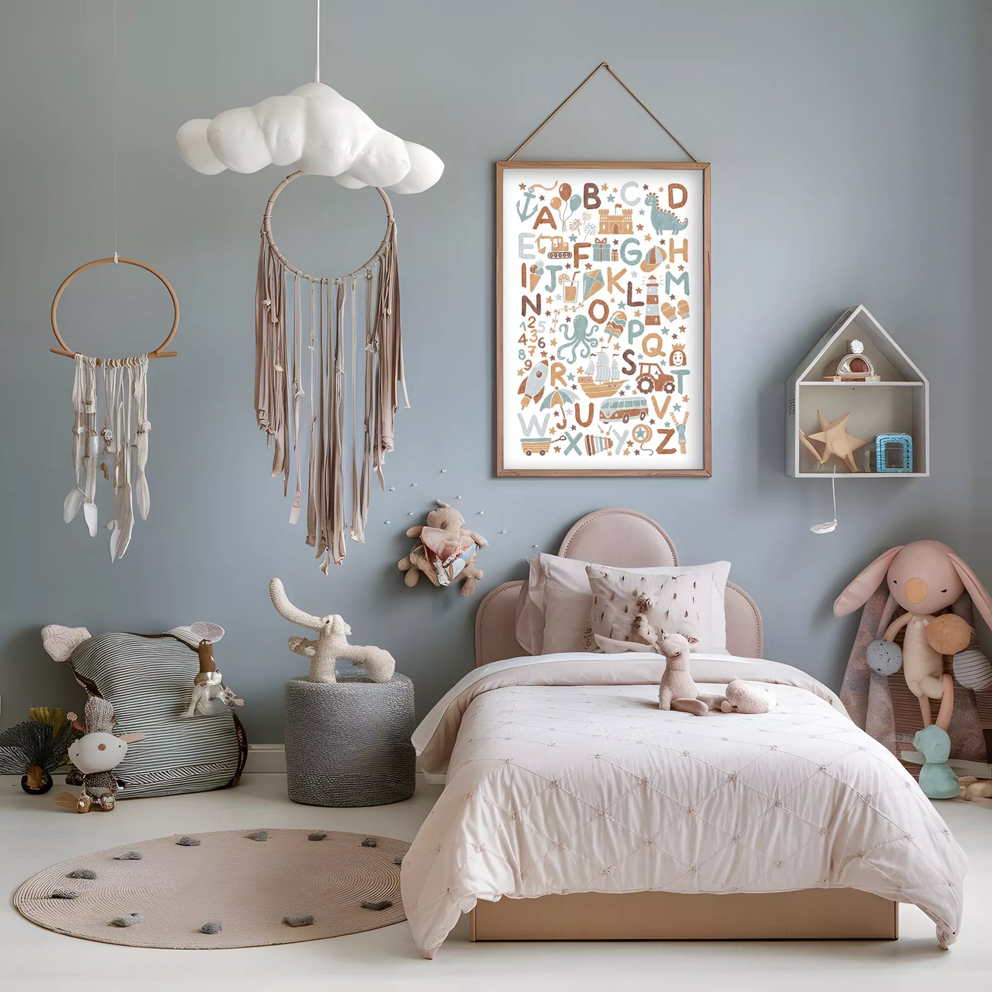 子供向け北欧スタイルのアルファベット動物乗り物アートポスター、教育的で楽しい壁掛け装飾