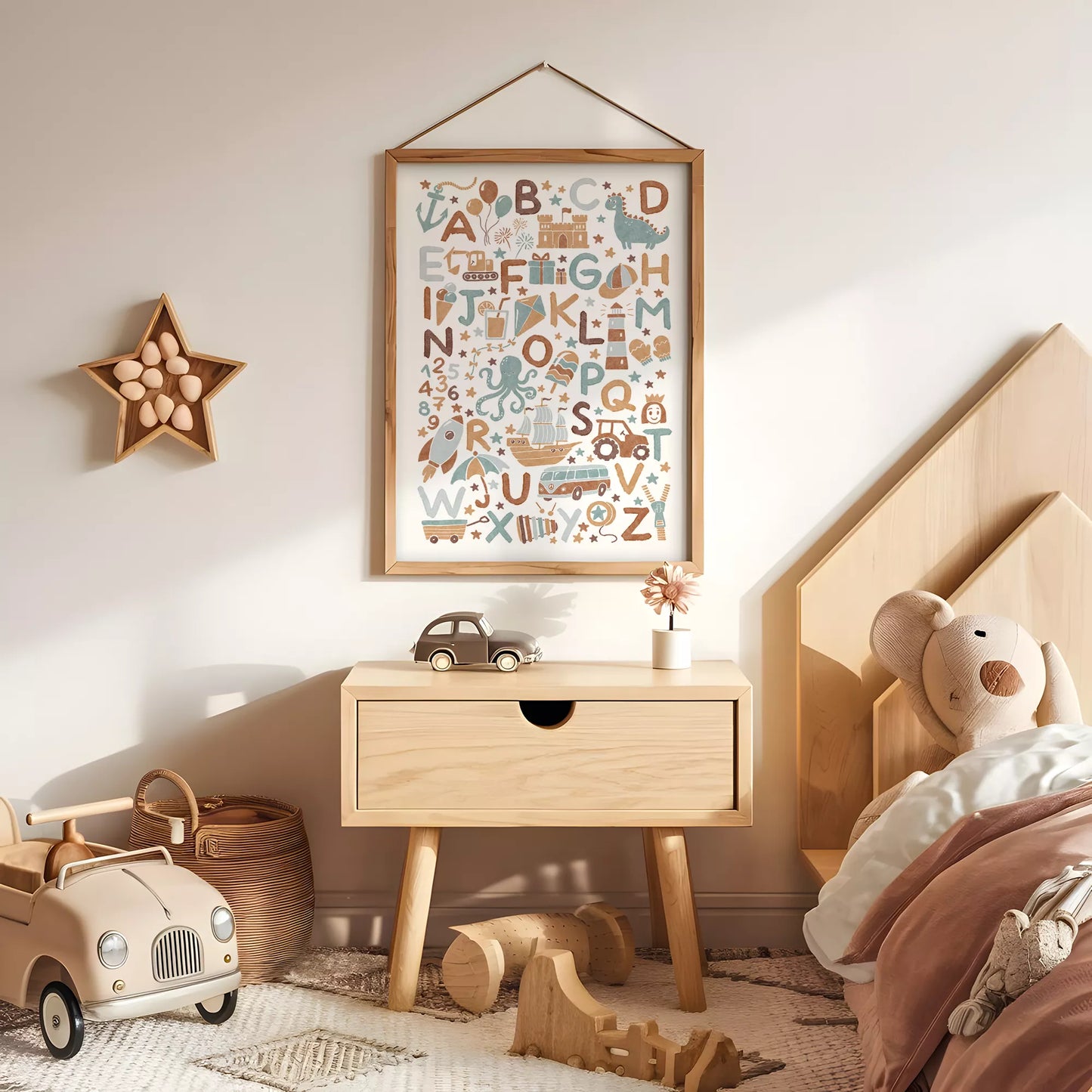 子供向け北欧スタイルのアルファベット動物乗り物アートポスター、教育的で楽しい壁掛け装飾