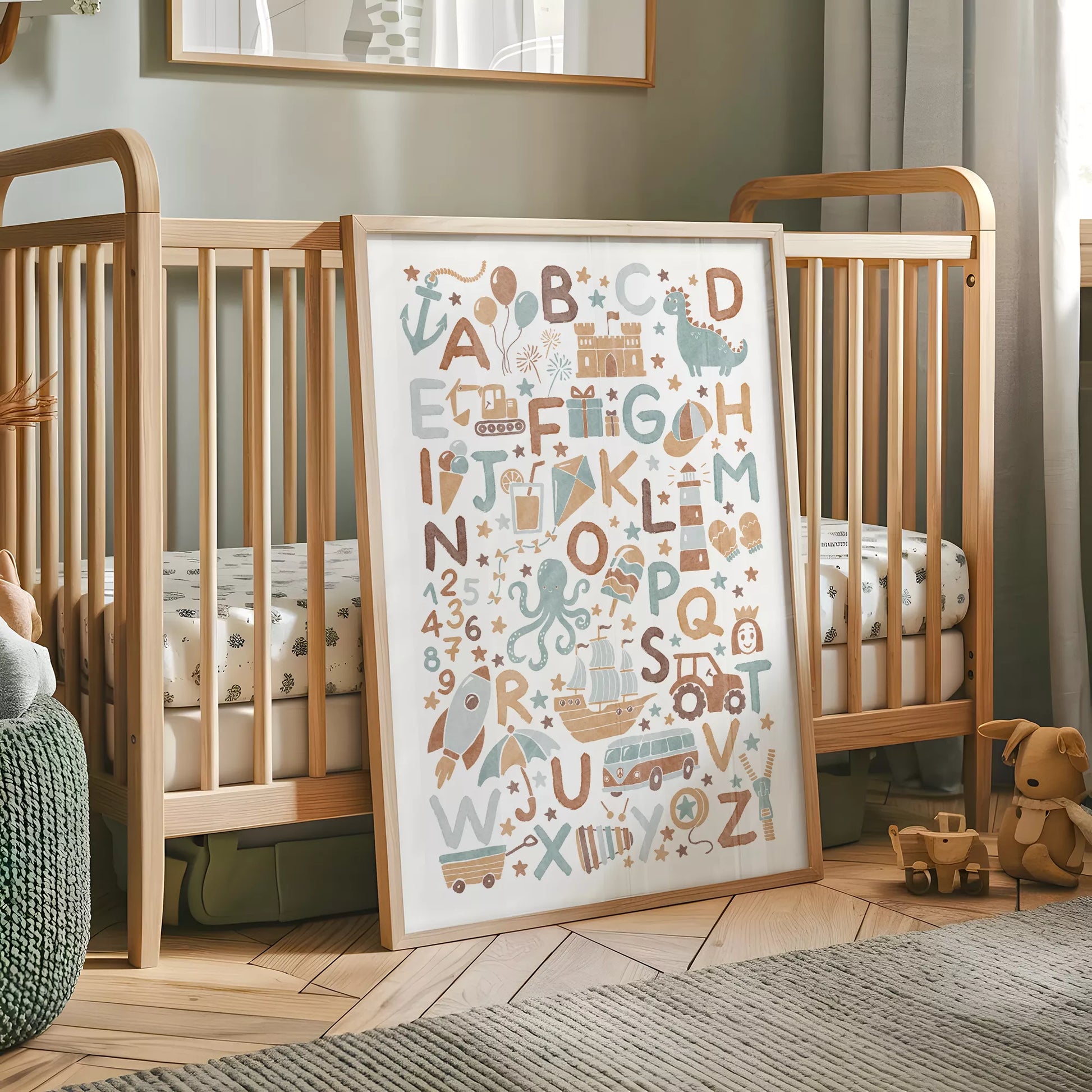 子供向け北欧スタイルのアルファベット動物乗り物アートポスター、教育的で楽しい壁掛け装飾