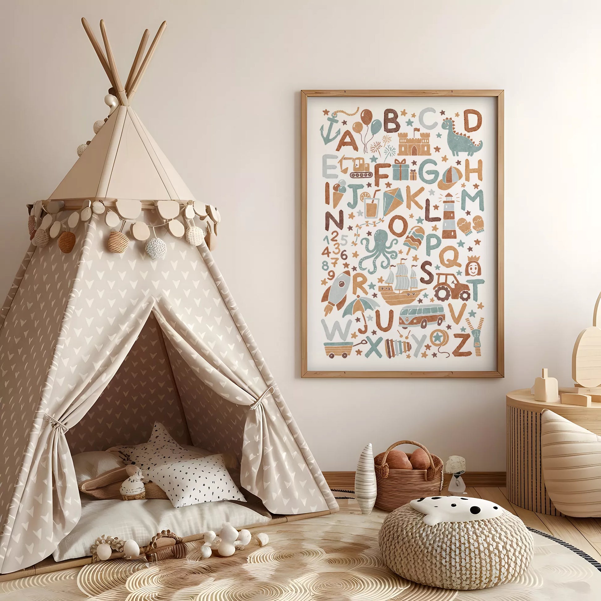 子供向け北欧スタイルのアルファベット動物乗り物アートポスター、教育的で楽しい壁掛け装飾