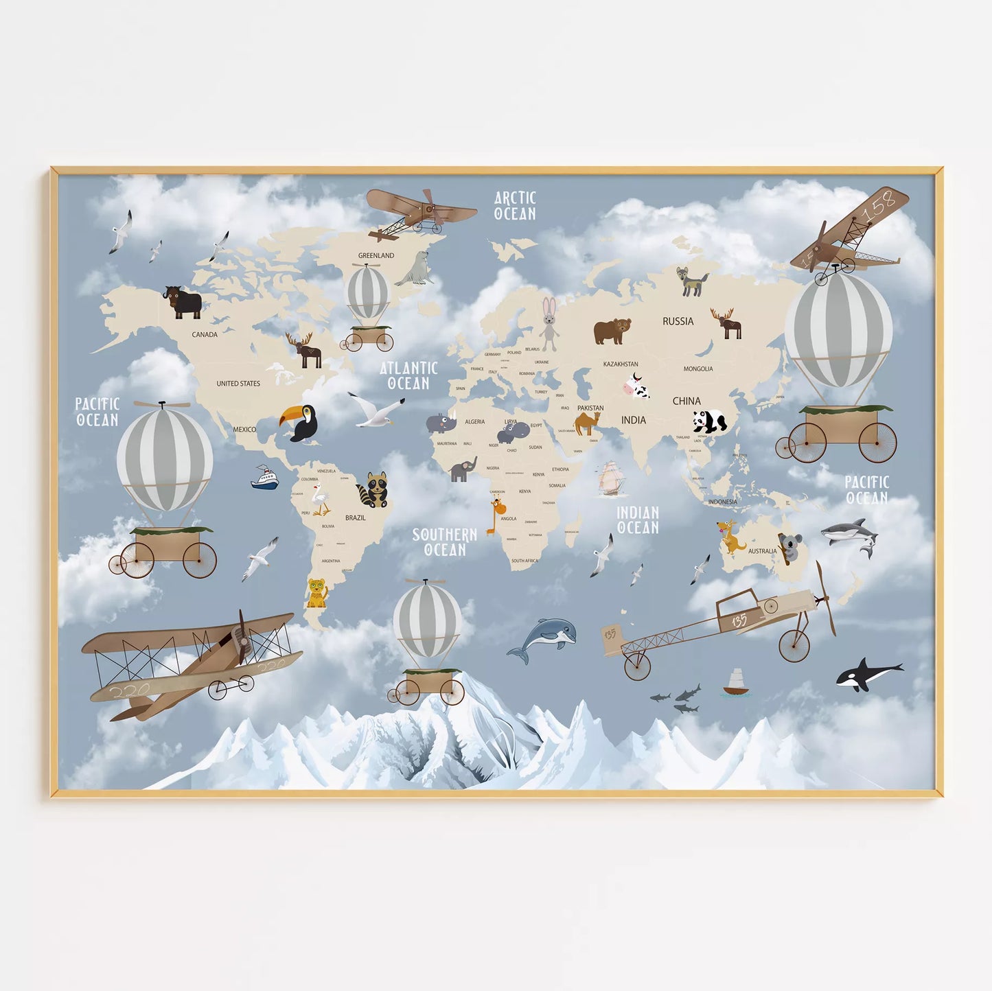 子供向け北欧スタイルの動物世界地図アートポスター、飛行機と気球が描かれた教育的で楽しい壁掛け装飾