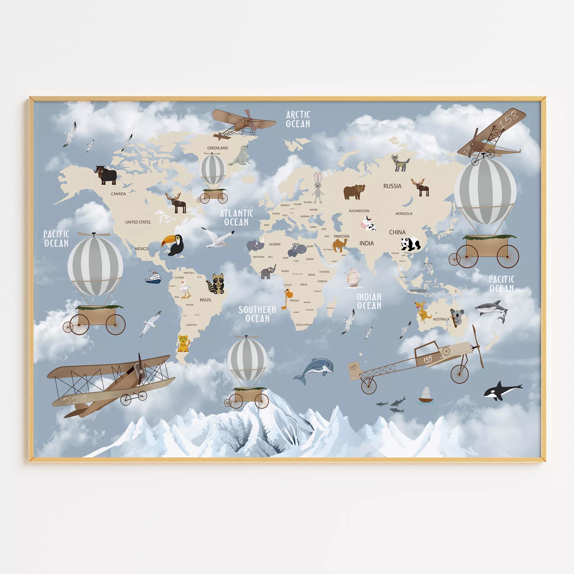 子供向け北欧スタイルの動物世界地図アートポスター、飛行機と気球が描かれた教育的で楽しい壁掛け装飾