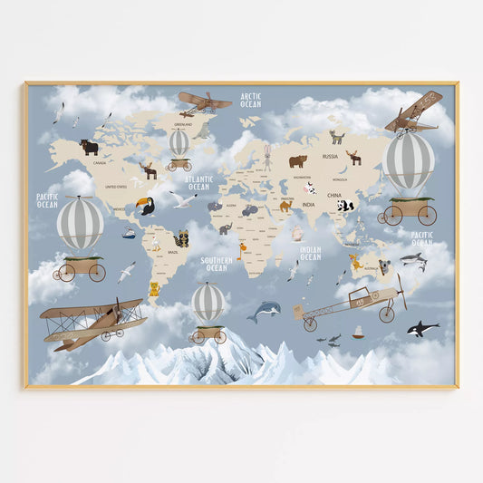 子供向け北欧スタイルの動物世界地図アートポスター、飛行機と気球が描かれた教育的で楽しい壁掛け装飾