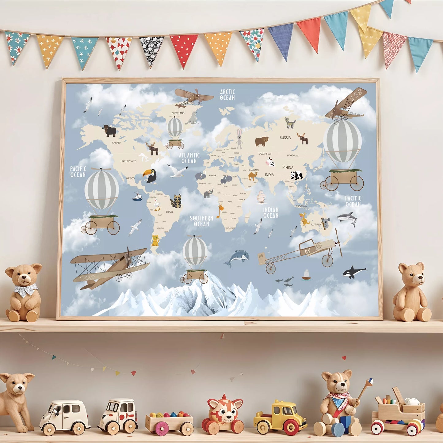 子供向け北欧スタイルの動物世界地図アートポスター、飛行機と気球が描かれた教育的で楽しい壁掛け装飾