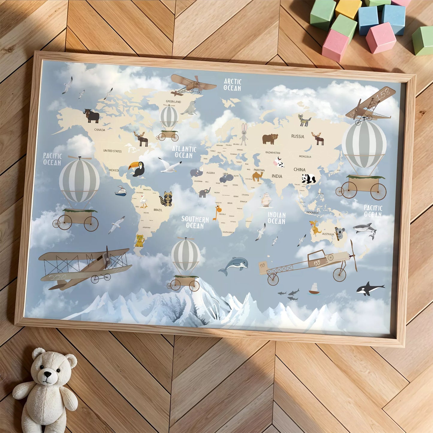 子供向け北欧スタイルの動物世界地図アートポスター、飛行機と気球が描かれた教育的で楽しい壁掛け装飾