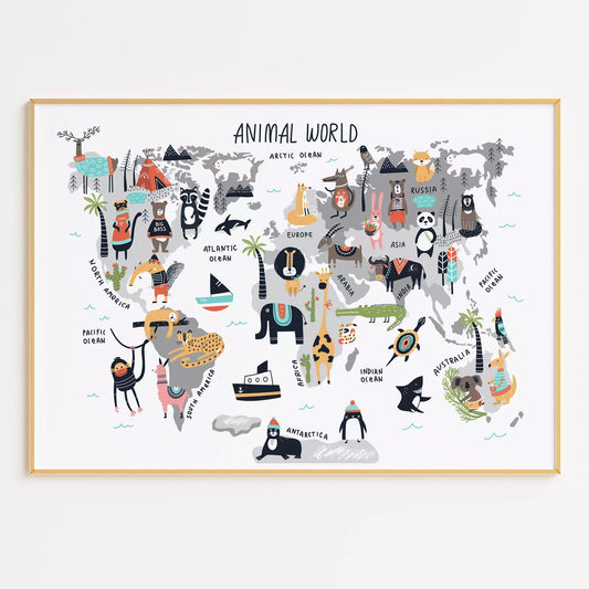 北欧テイストの動物世界地図アートポスター、子供部屋インテリアに最適な教育的な壁掛け装飾