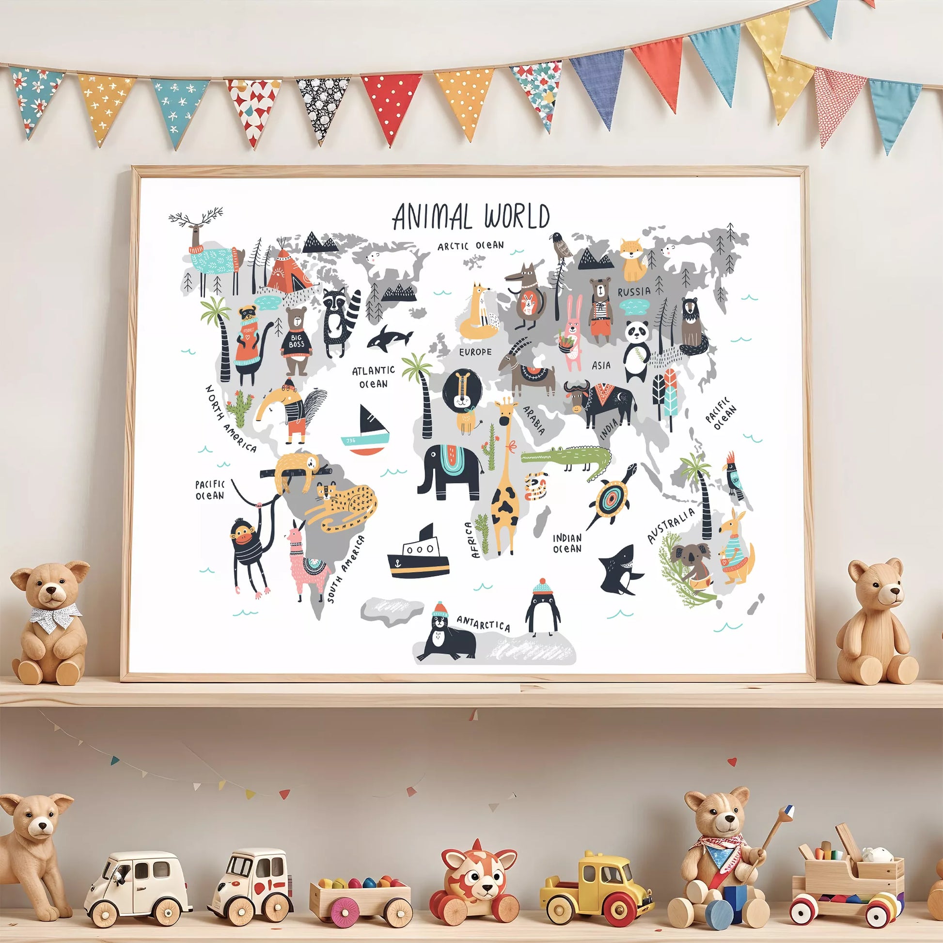 北欧テイストの動物世界地図アートポスター、子供部屋インテリアに最適な教育的な壁掛け装飾