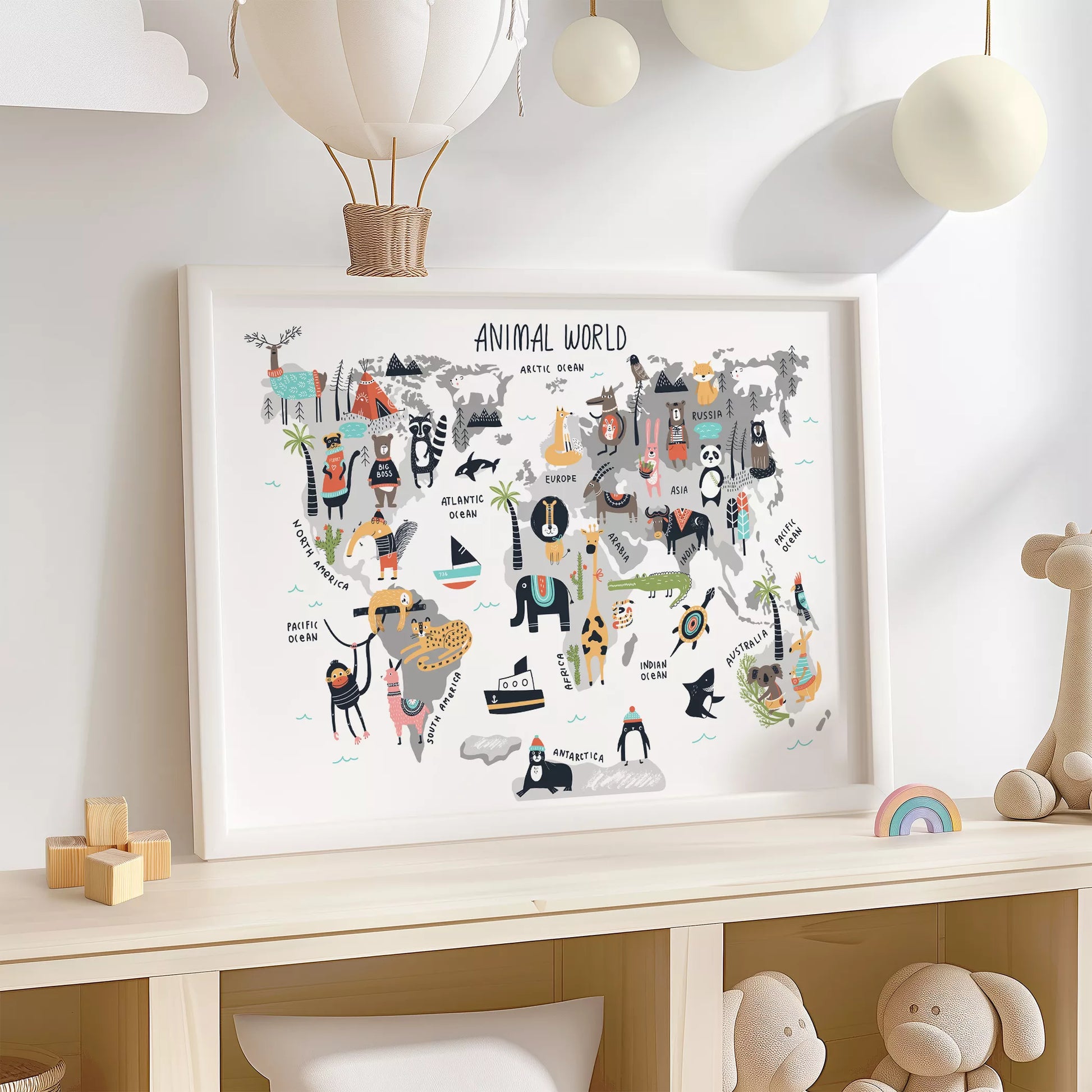 北欧テイストの動物世界地図アートポスター、子供部屋インテリアに最適な教育的な壁掛け装飾