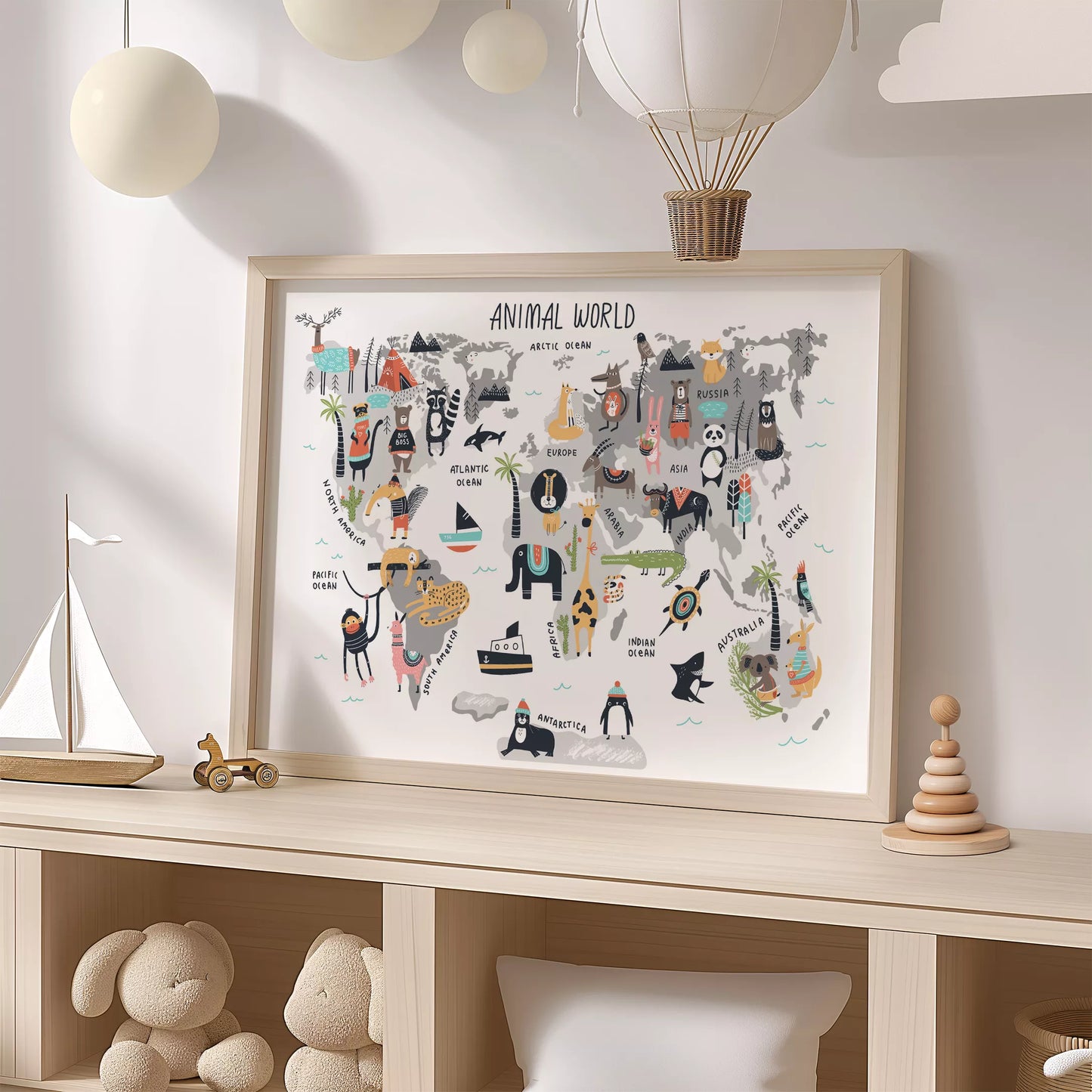 北欧テイストの動物世界地図アートポスター、子供部屋インテリアに最適な教育的な壁掛け装飾