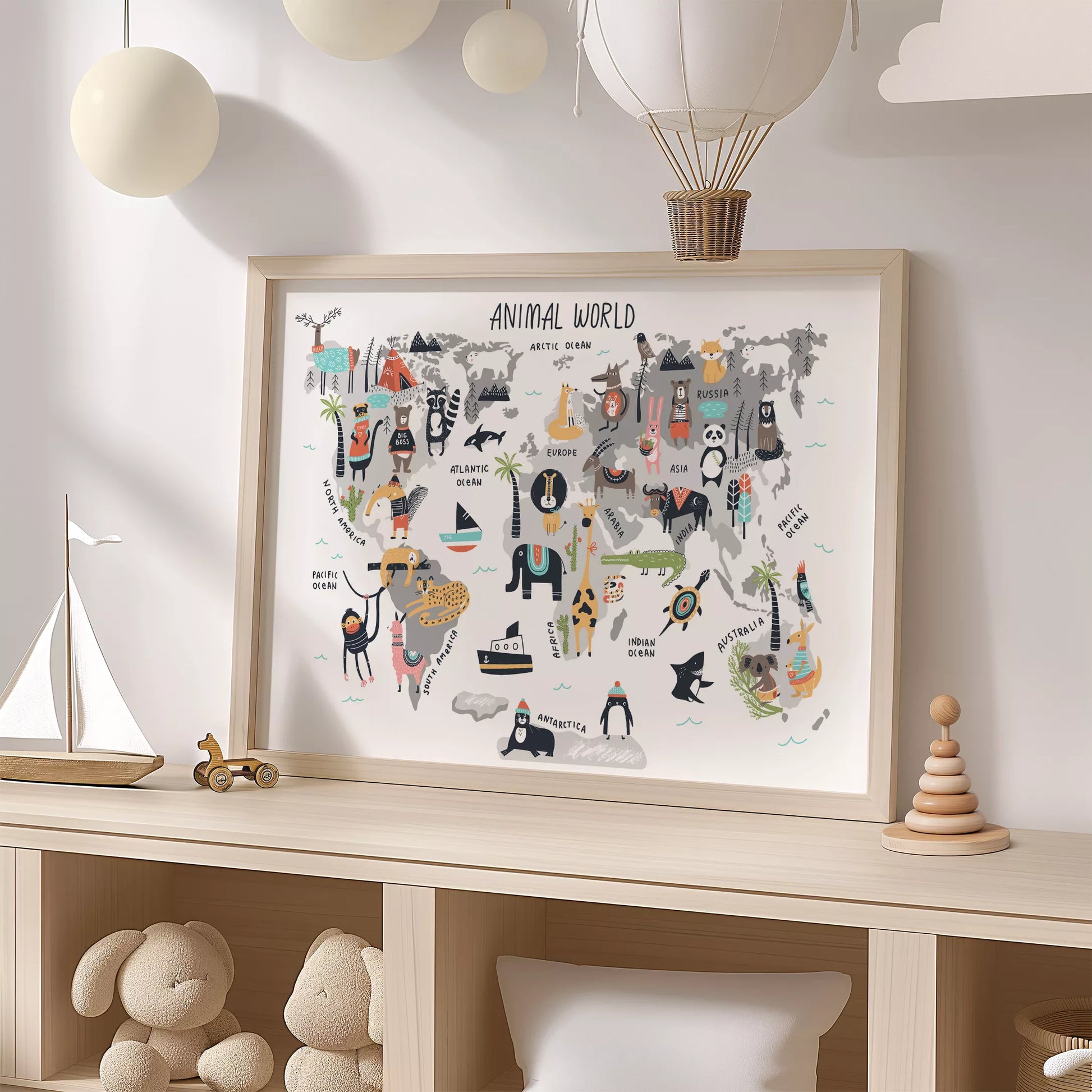 北欧テイストの動物世界地図アートポスター、子供部屋インテリアに最適な教育的な壁掛け装飾