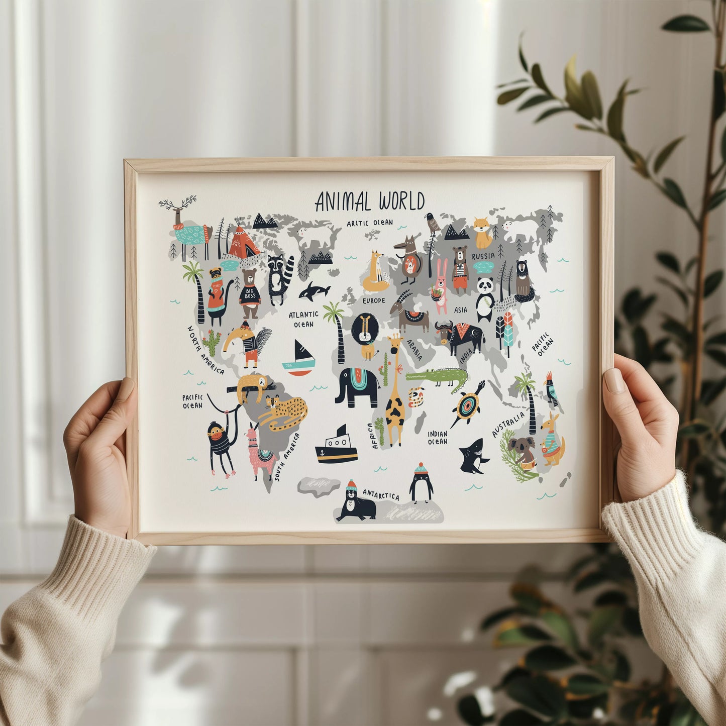 北欧テイストの動物世界地図アートポスター、子供部屋インテリアに最適な教育的な壁掛け装飾