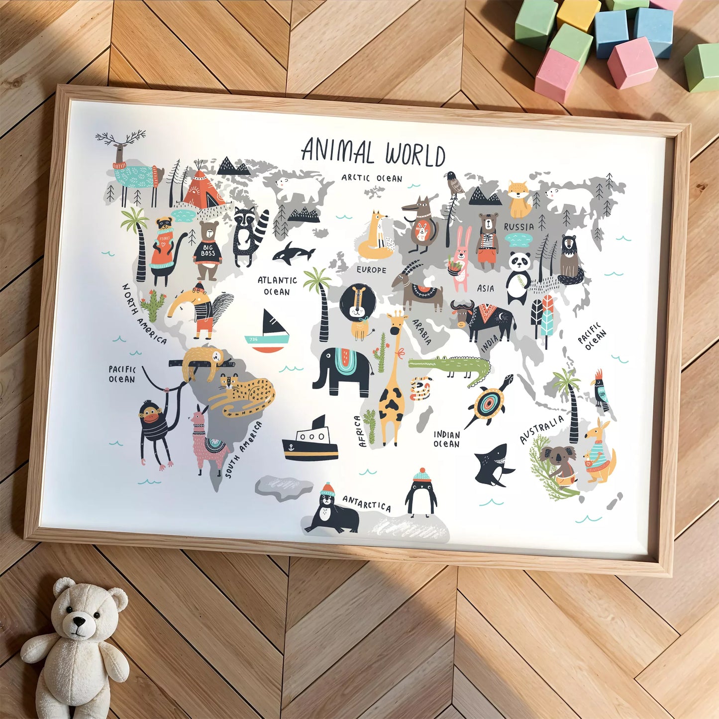 北欧テイストの動物世界地図アートポスター、子供部屋インテリアに最適な教育的な壁掛け装飾