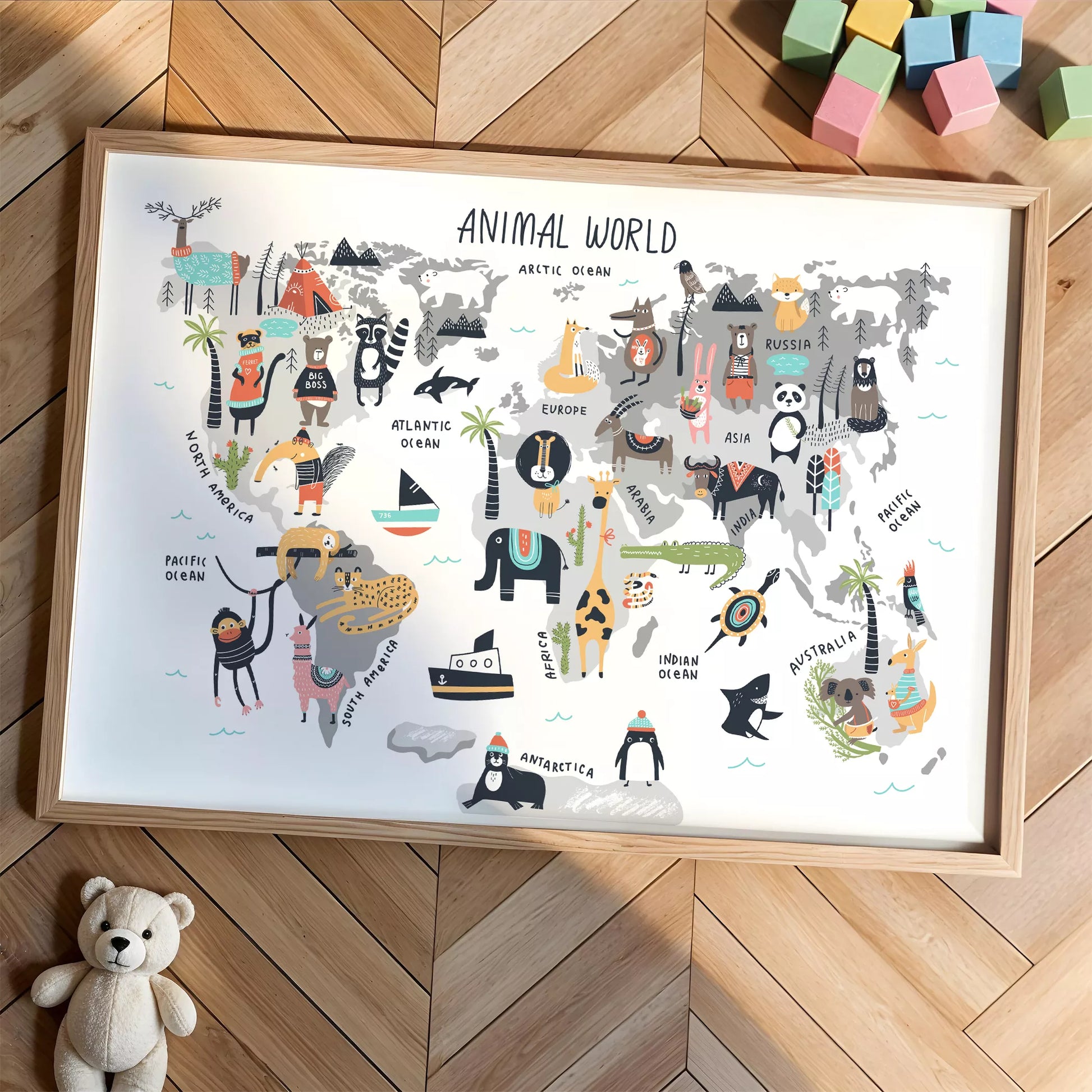 北欧テイストの動物世界地図アートポスター、子供部屋インテリアに最適な教育的な壁掛け装飾