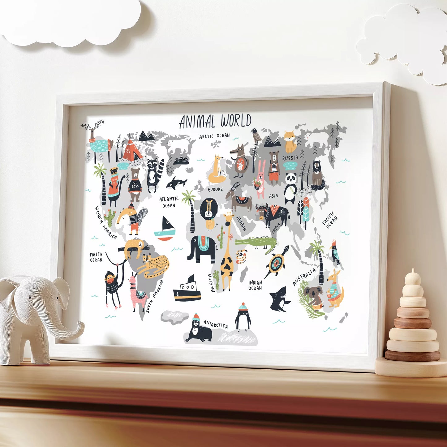 北欧テイストの動物世界地図アートポスター、子供部屋インテリアに最適な教育的な壁掛け装飾